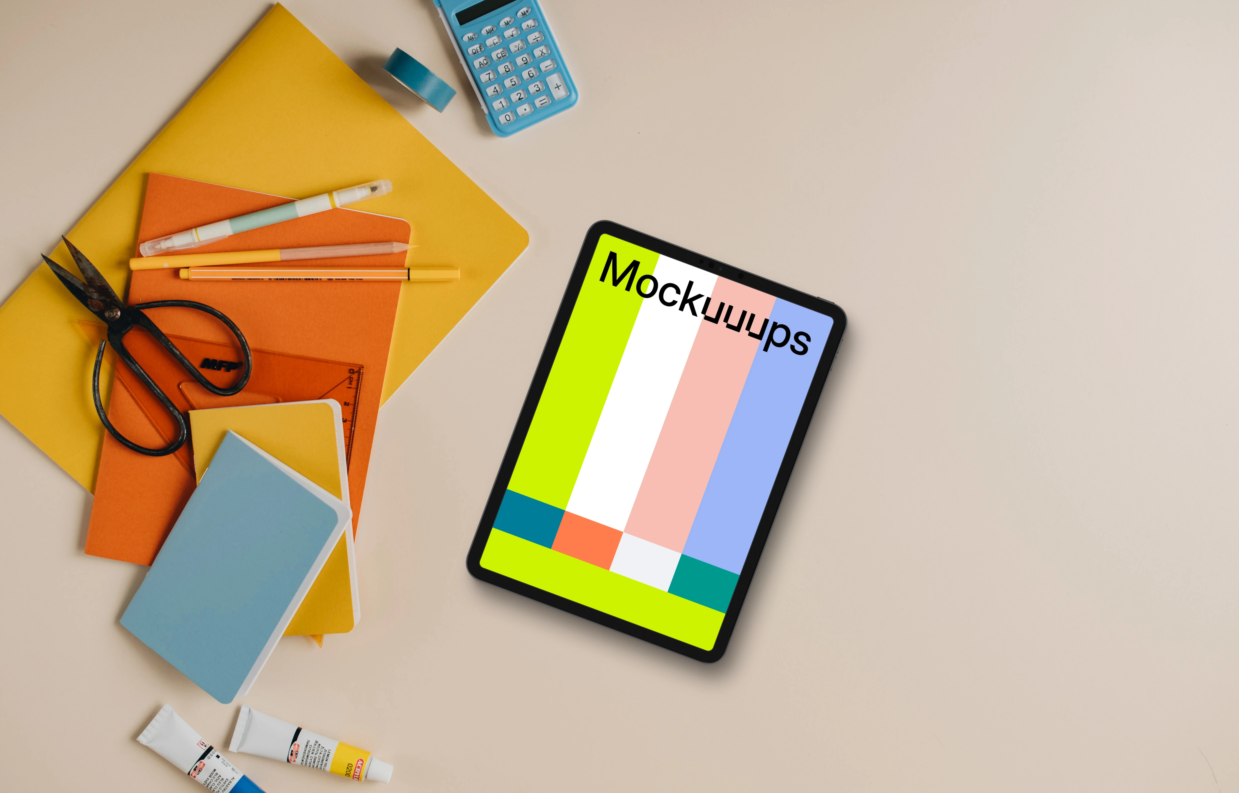 Tablet mockup with a school equipment on the side