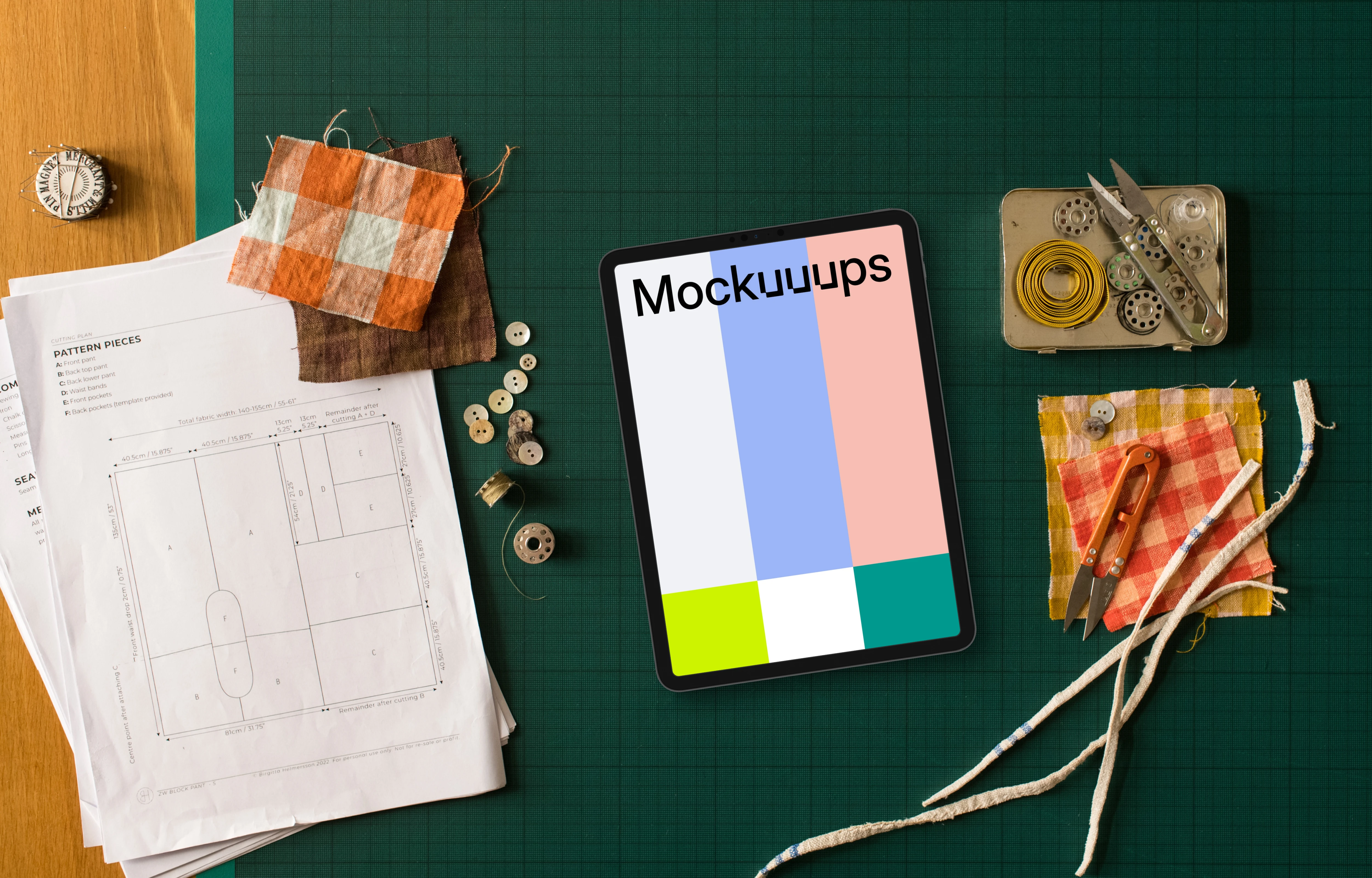 Tablet mockup with a sewing template