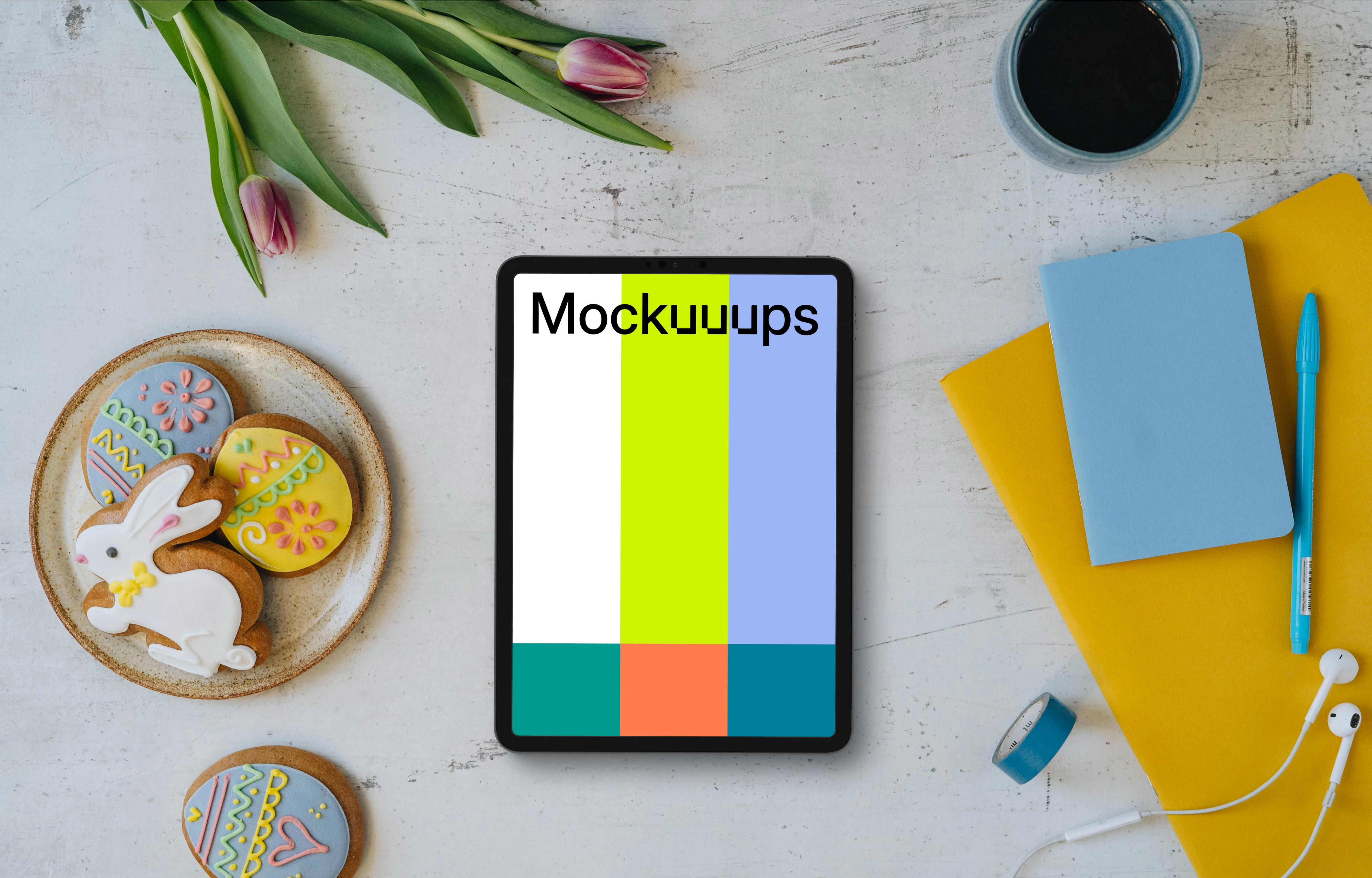 Tablet mockup with an Easter bunny and purple tulips