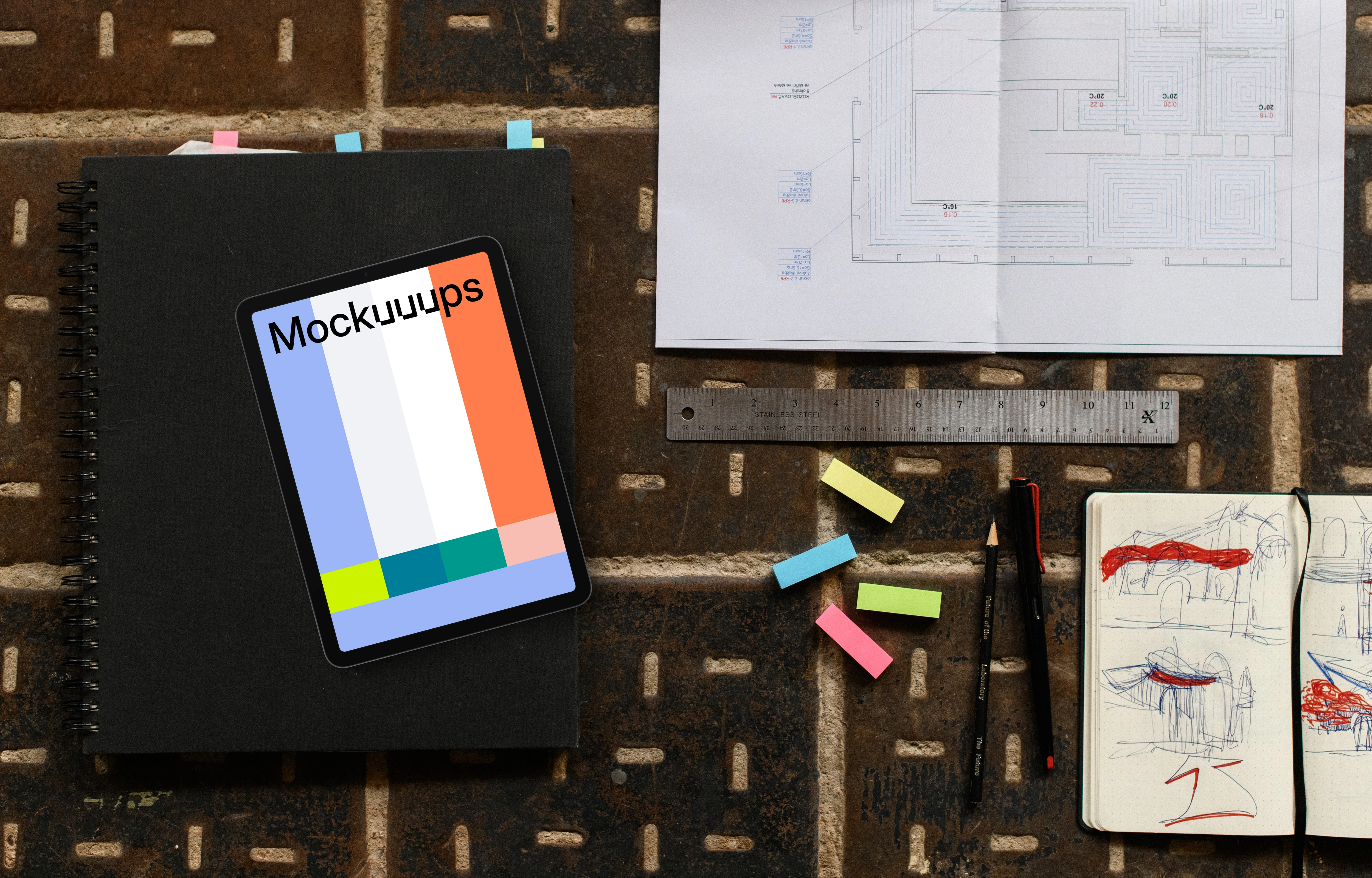 Tablet mockup with architectural blueprint and sketchbook