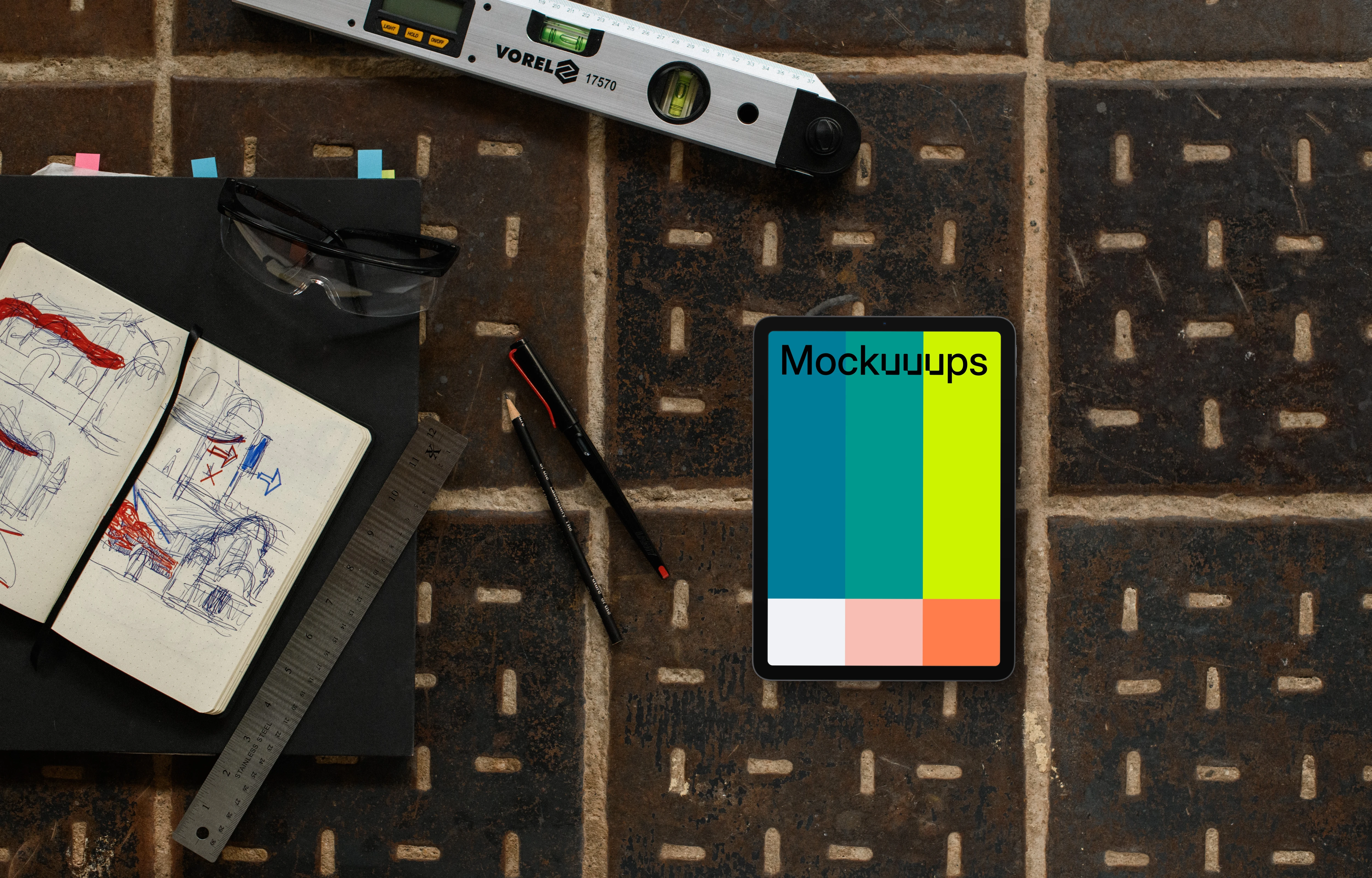 Tablet mockup with architectural tools and sketches