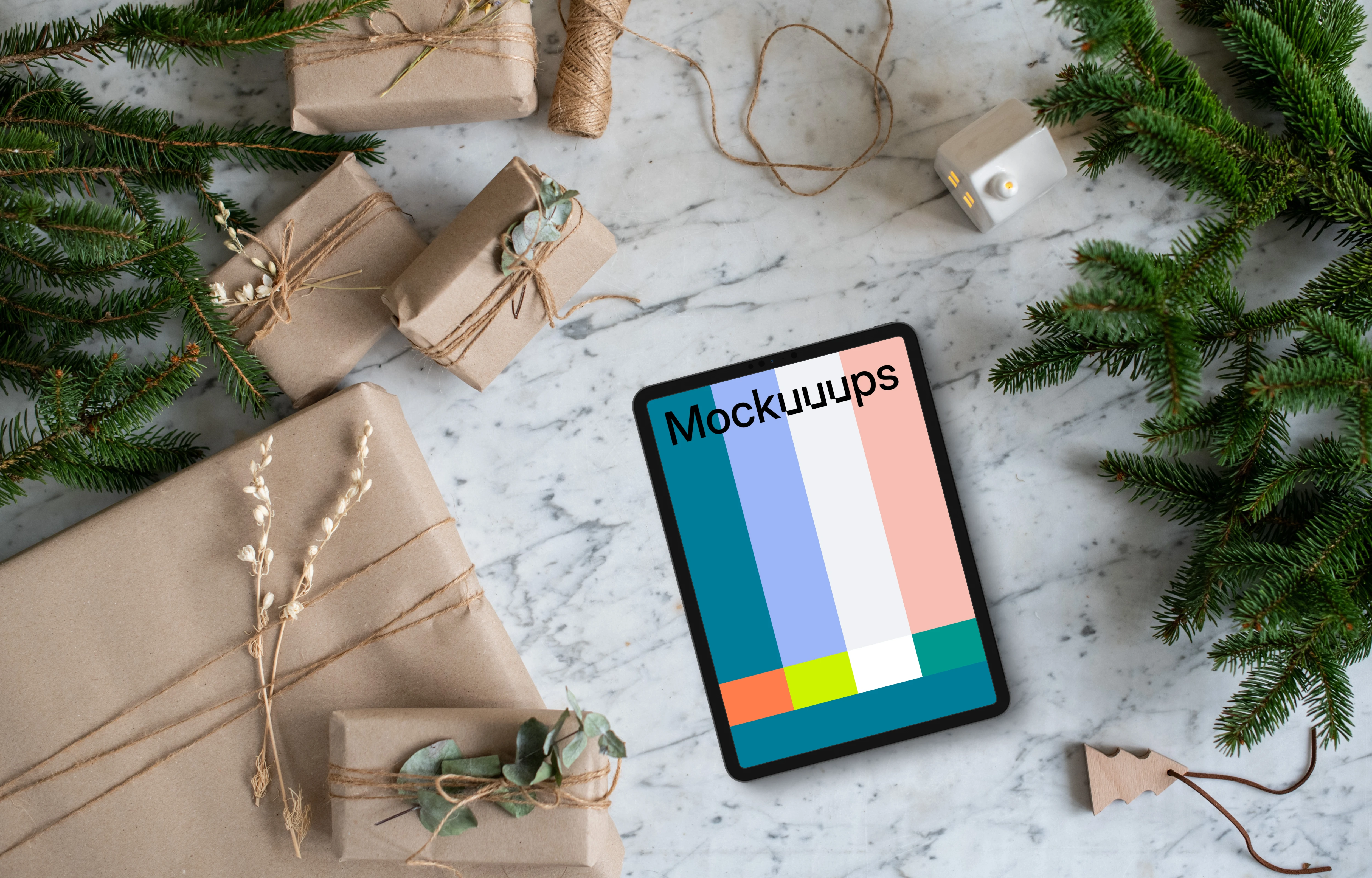 Tablet mockup with christmas decoration