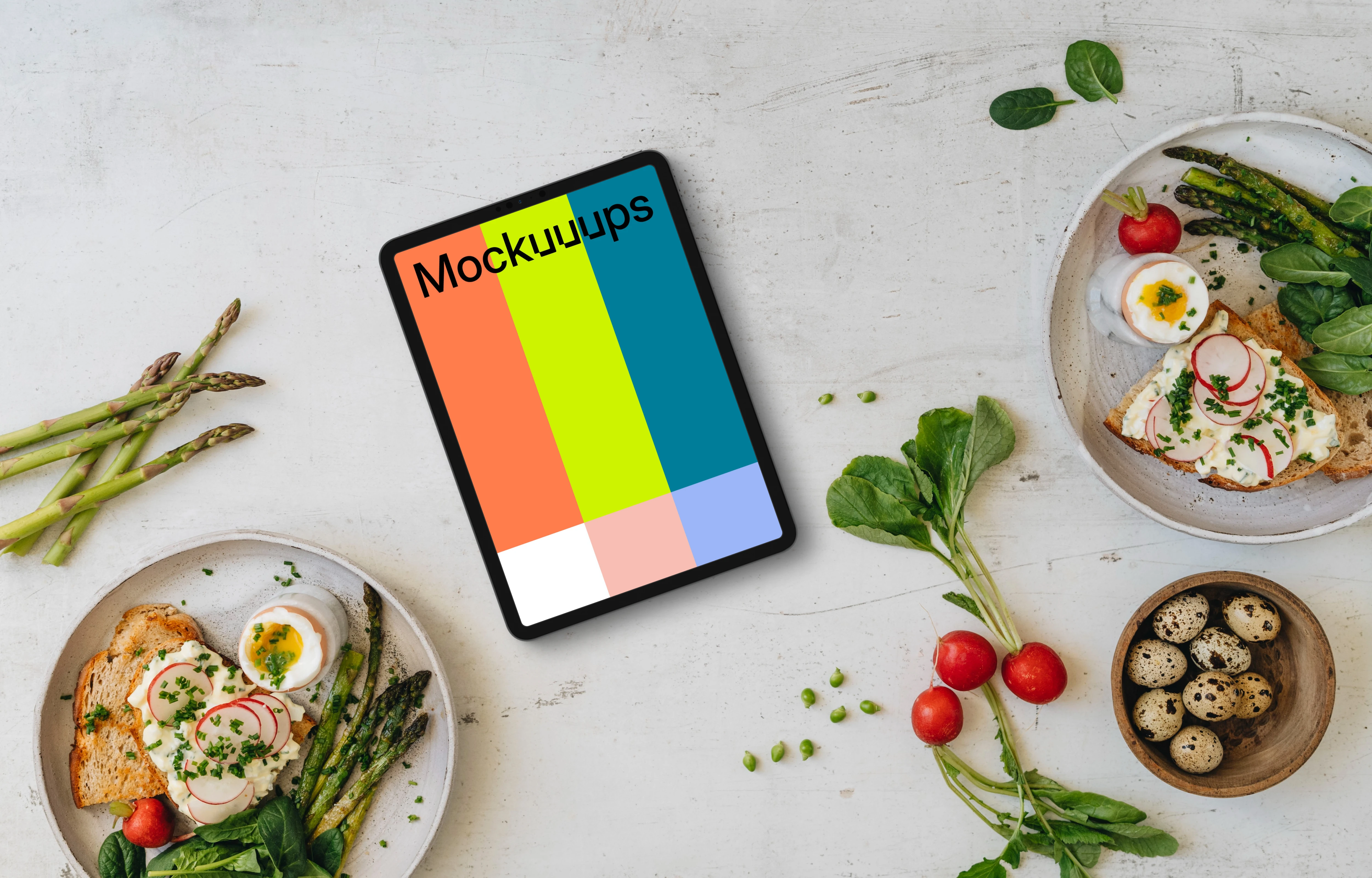 Tablet mockup with Easter breakfast