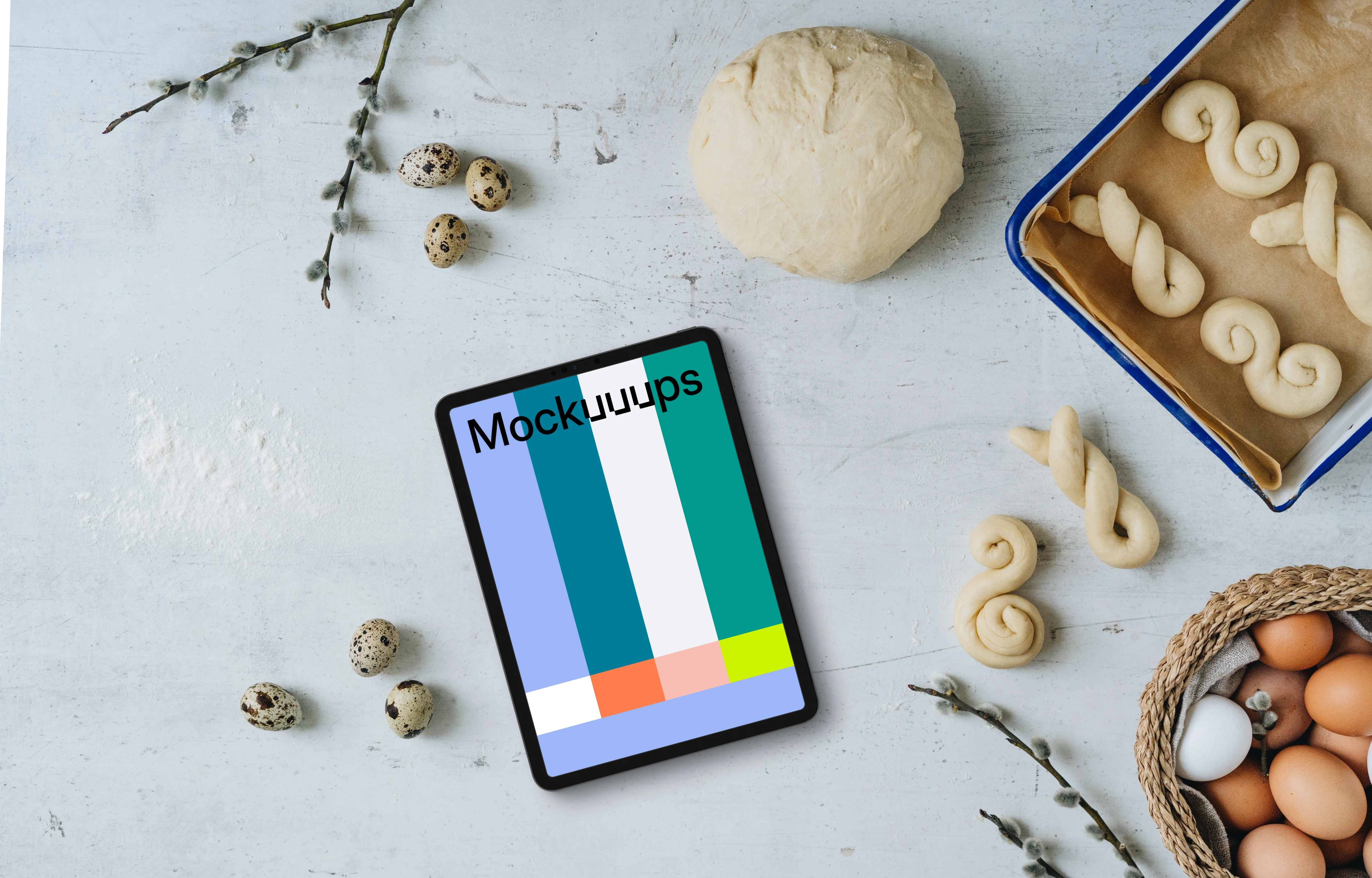 Tablet mockup with Easter pastries being made