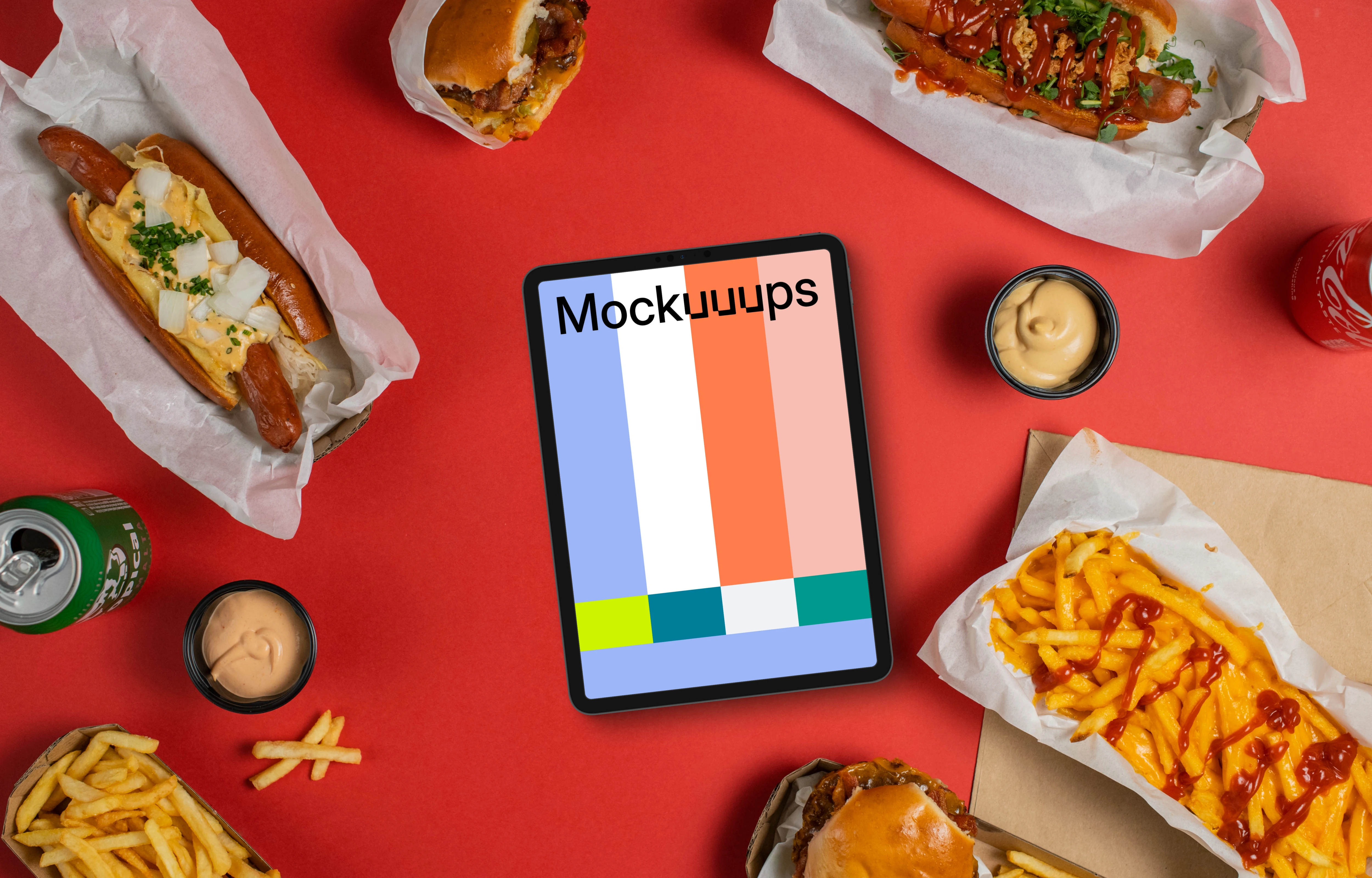 Tablet mockup with fast food around