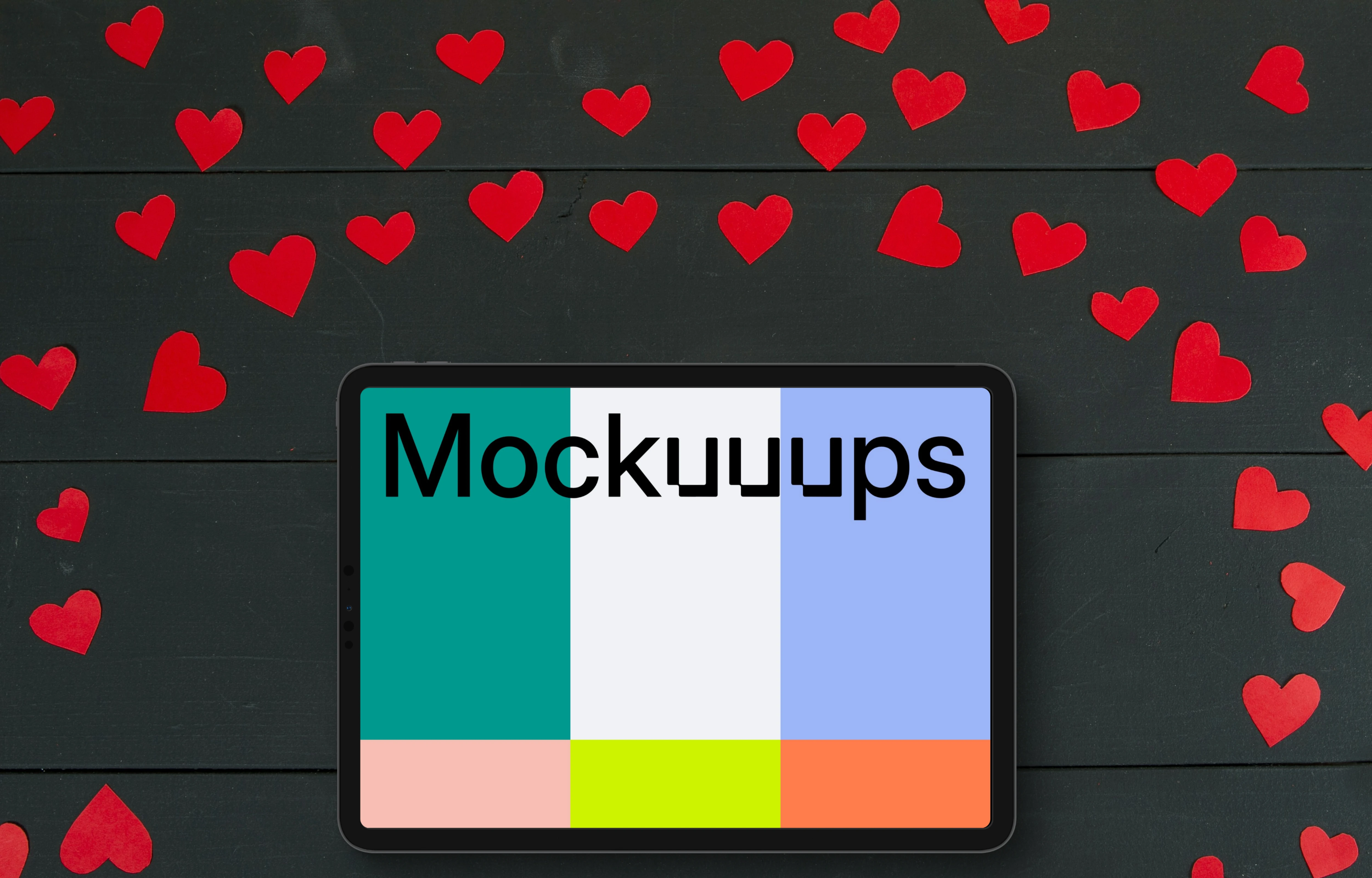 Tablet mockup with hearts surrounding it