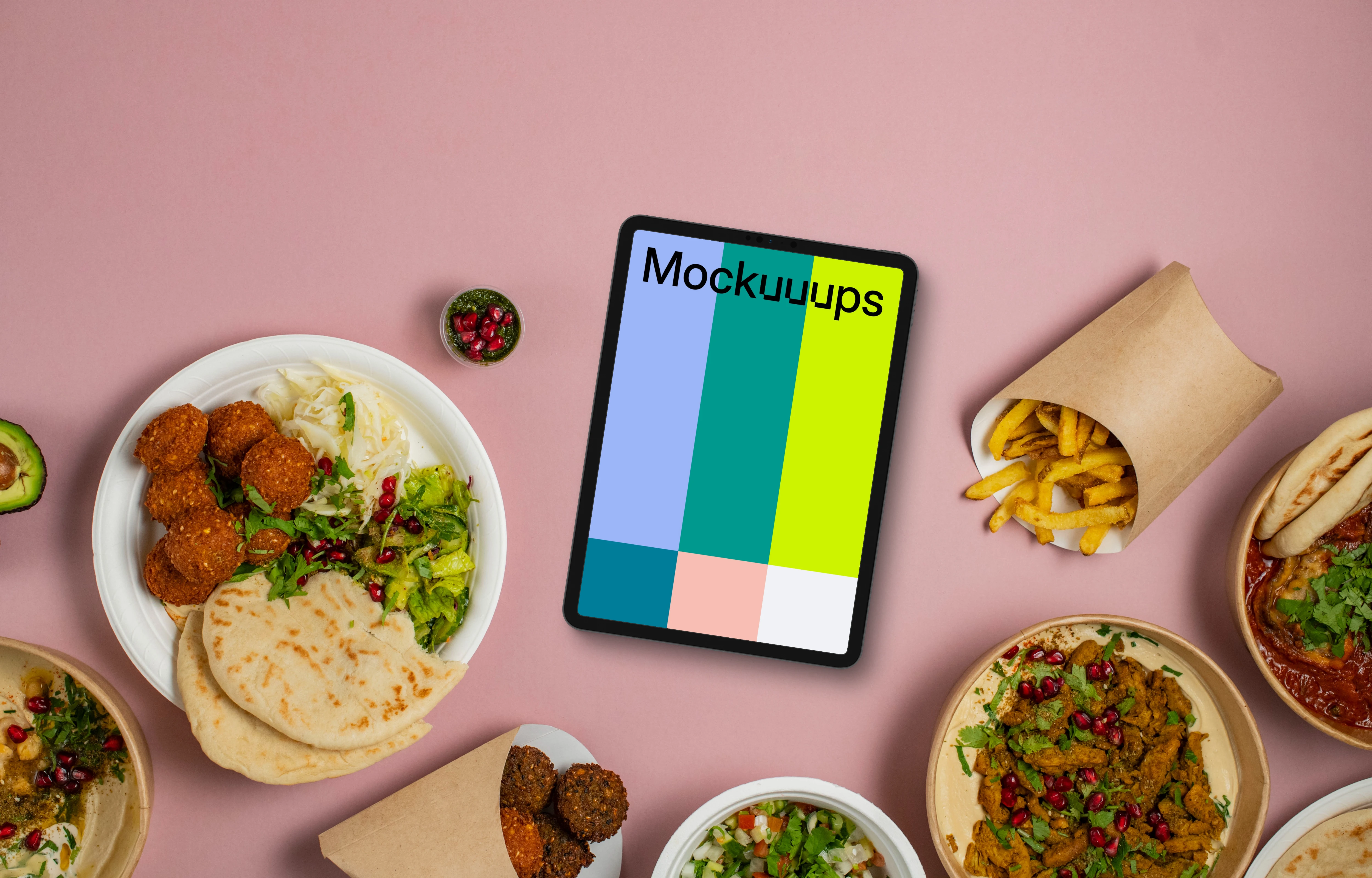 Tablet mockup with middle eastern meals