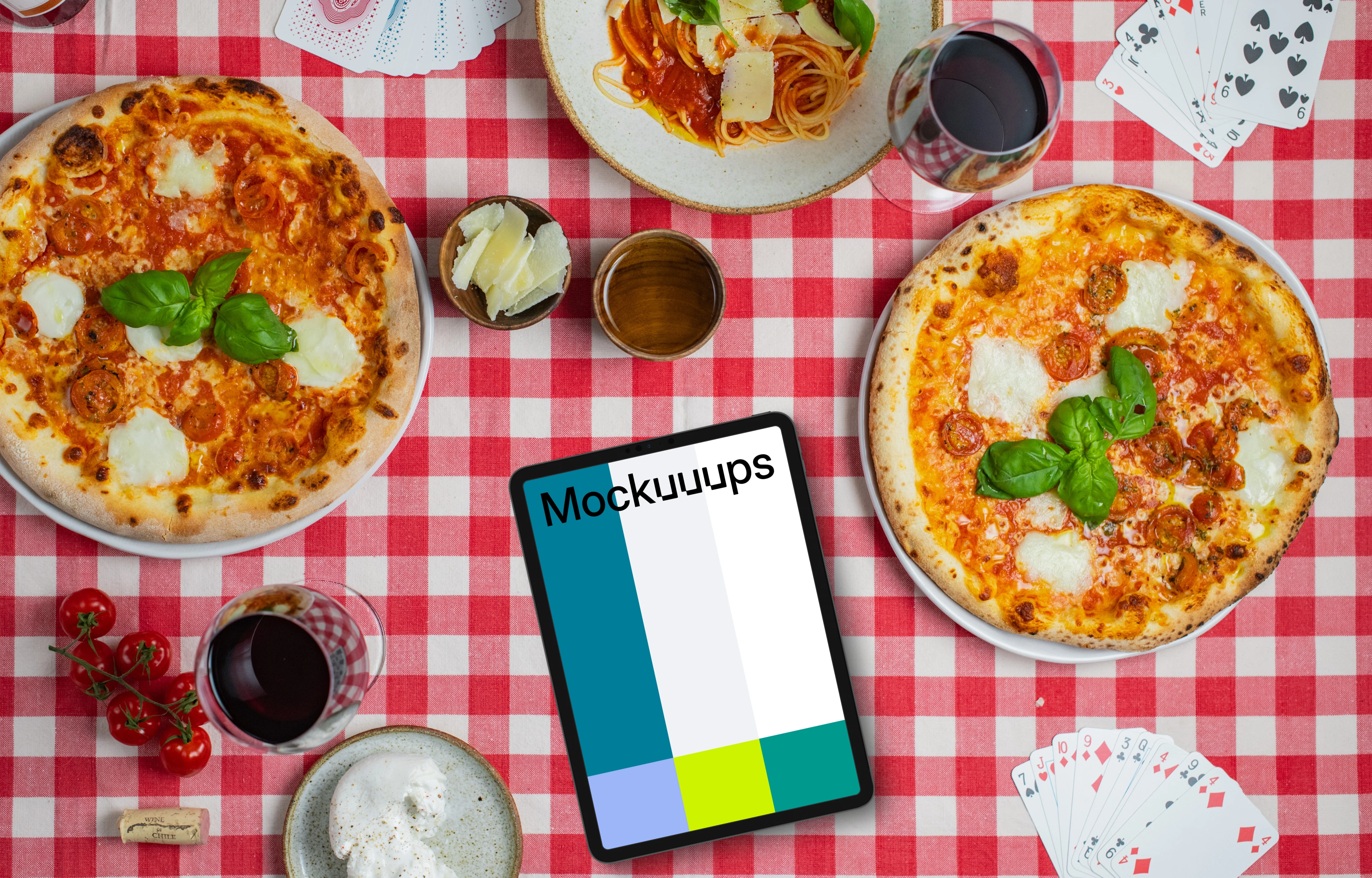 Tablet mockup with pizzas