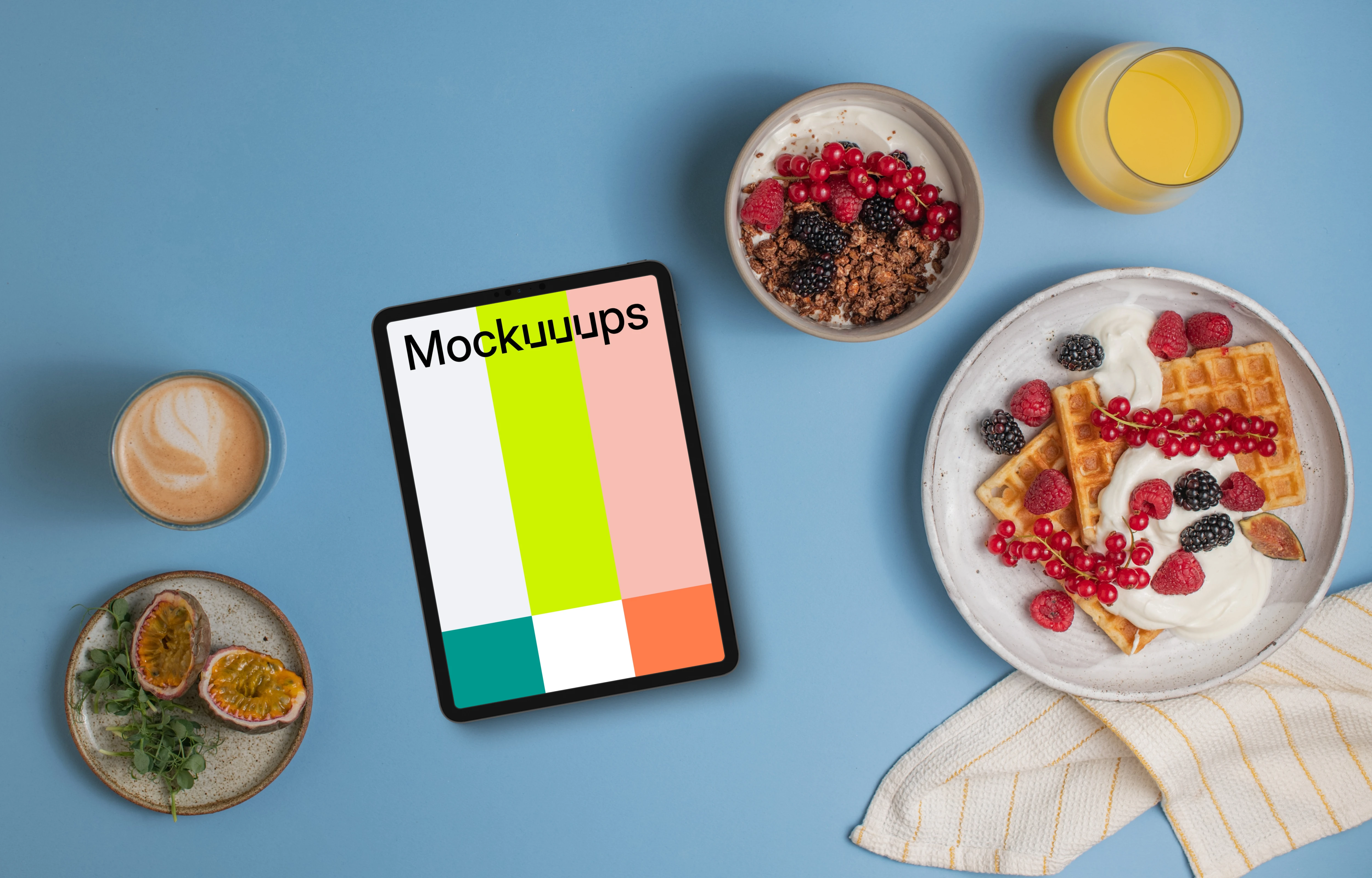 Tablet mockup with plate of waffles