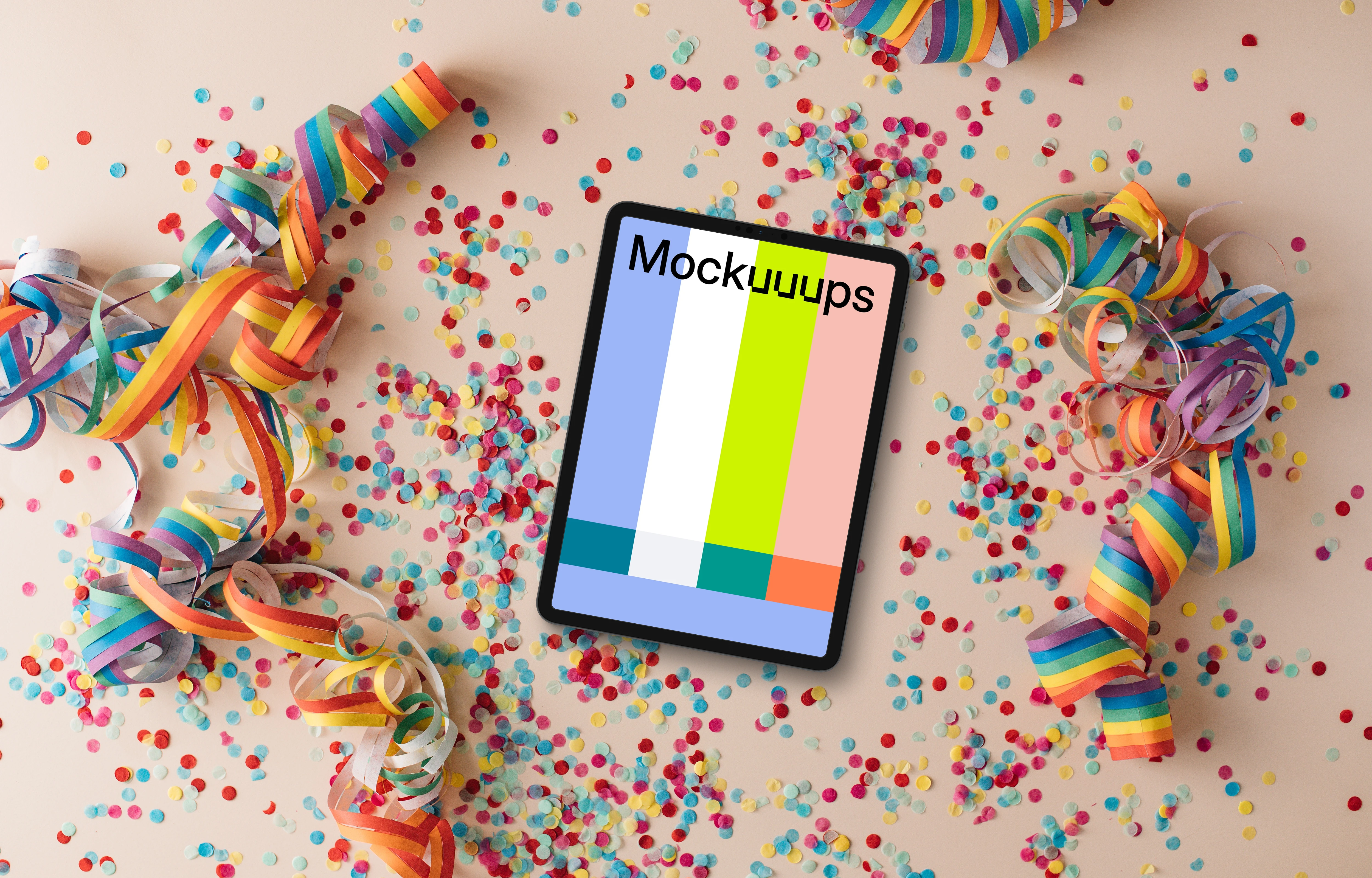 Tablet mockup with rainbow confetti