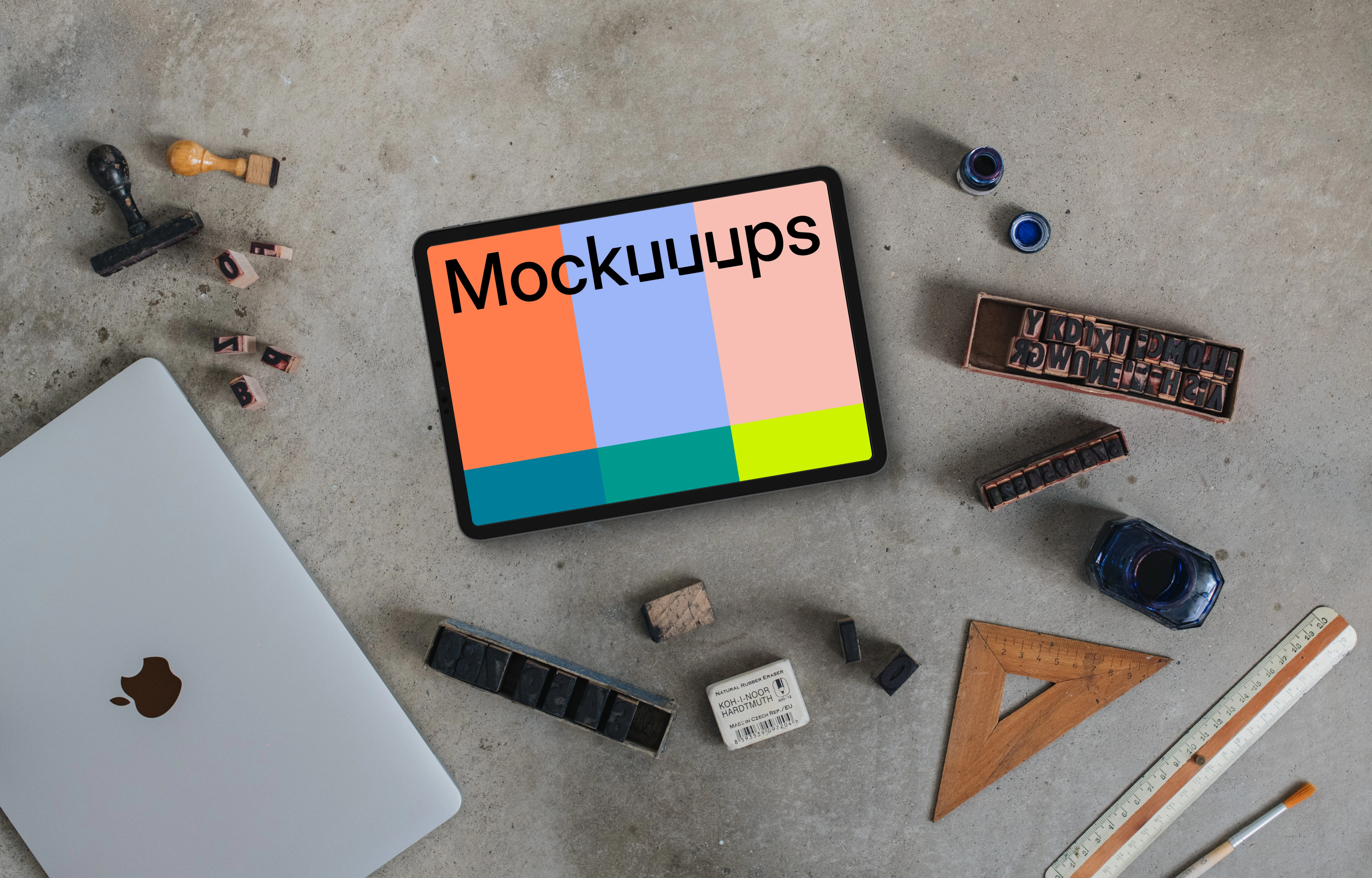 Top view of landscape tablet mockup in the artist atelier