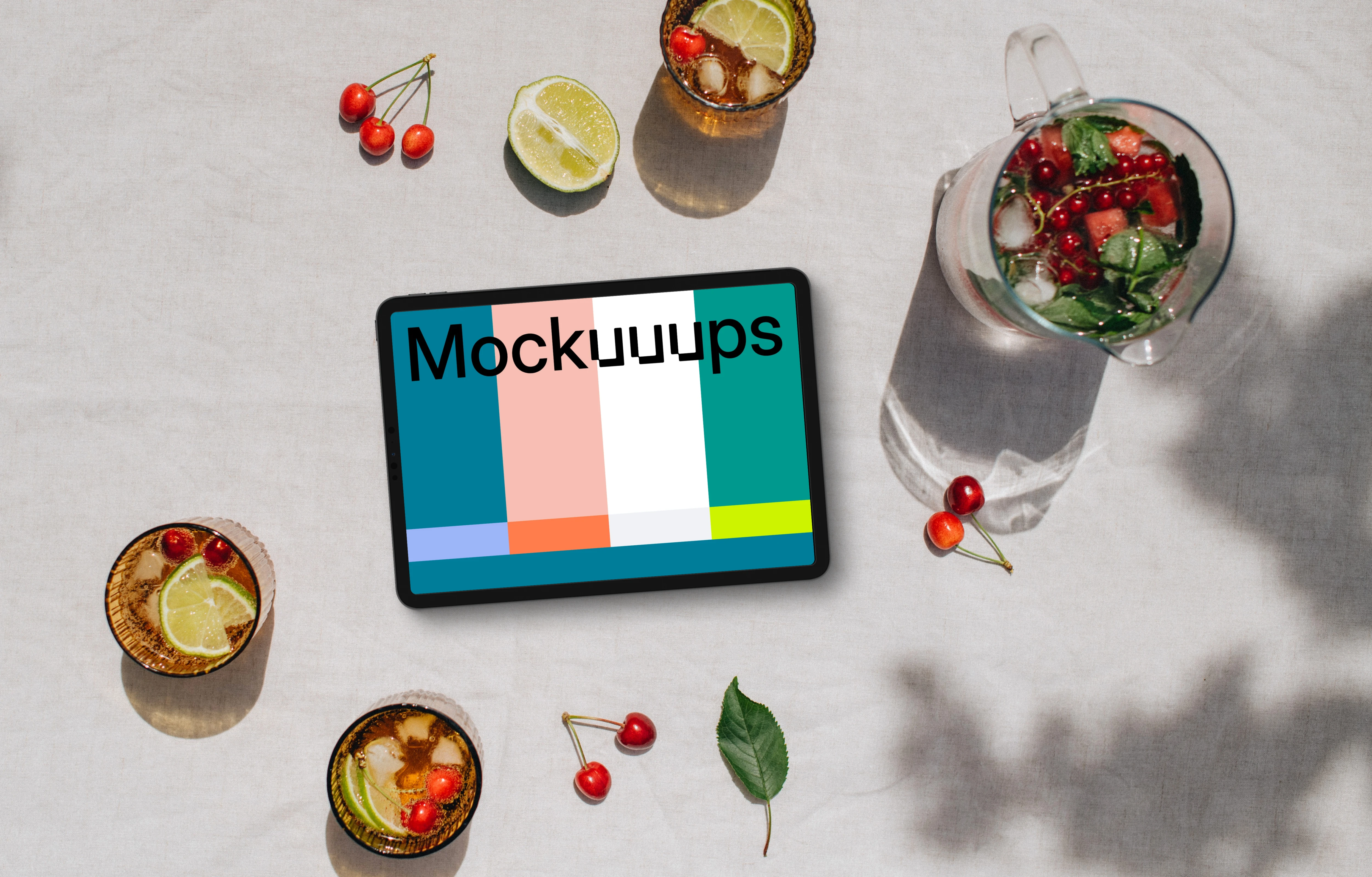 Top view of landscape tablet mockup next to the lime lemonade