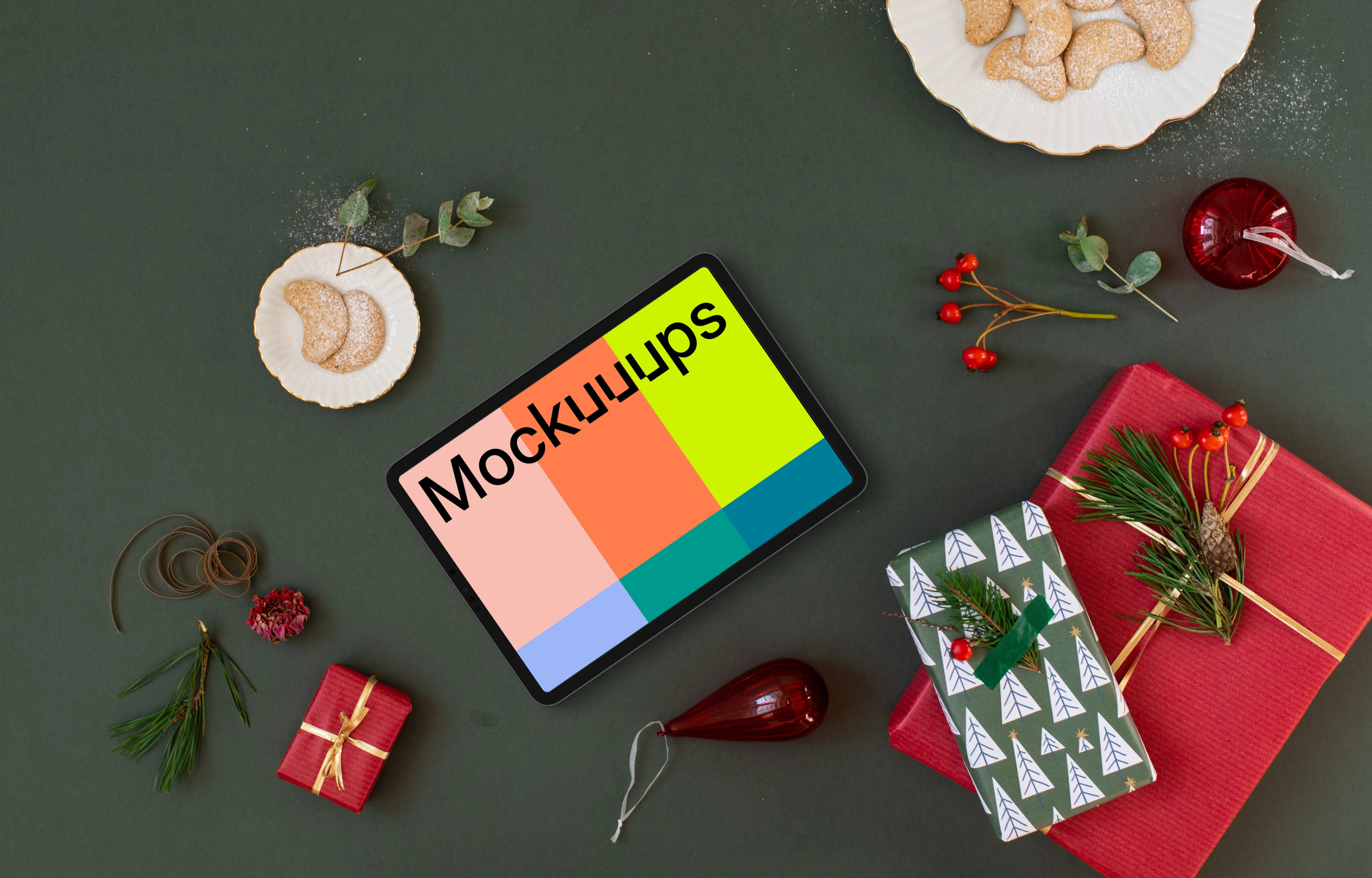Top view of landscape tablet mockup with christmas background