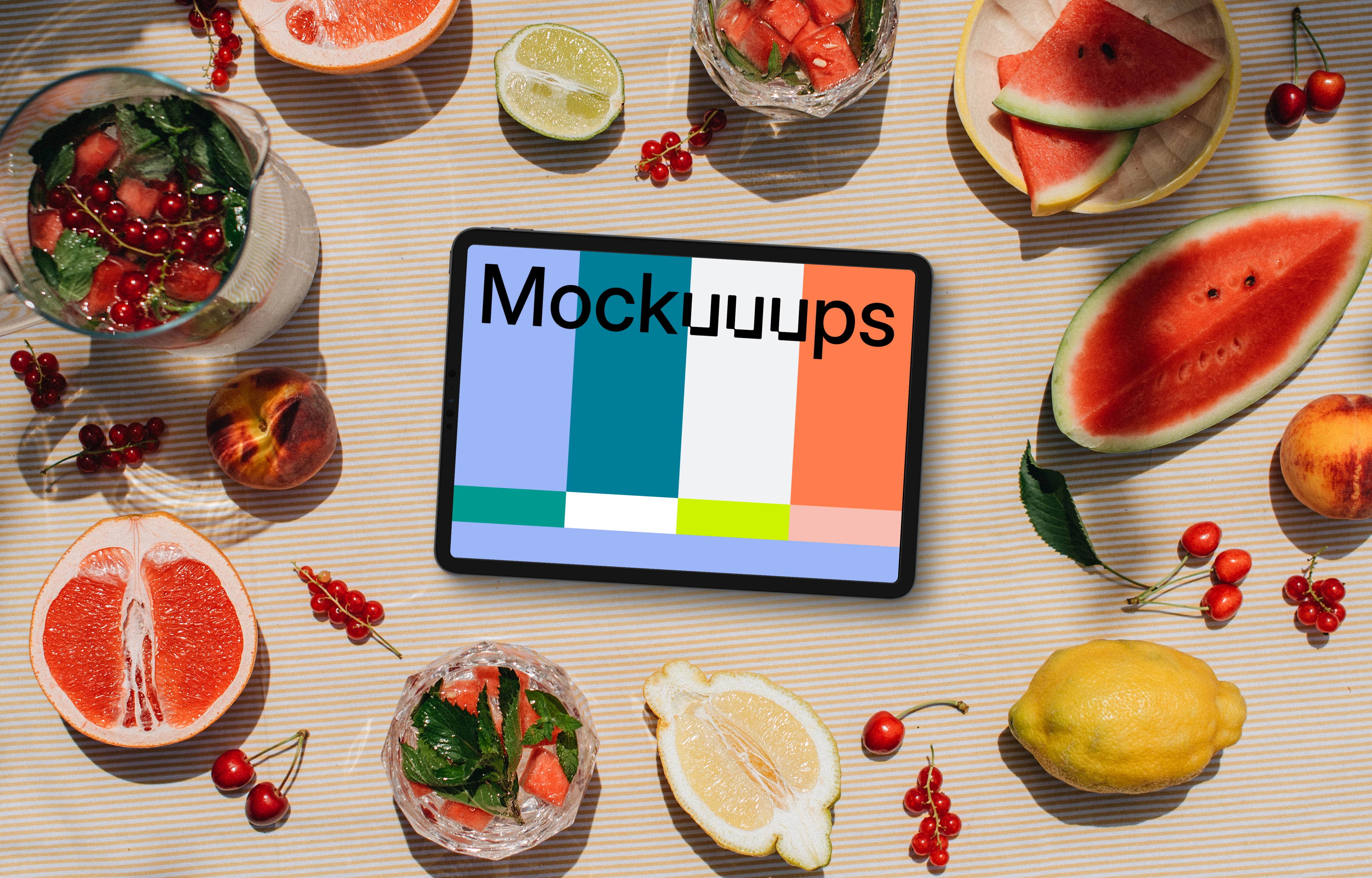 Top view of landscape tablet mockup with fruits