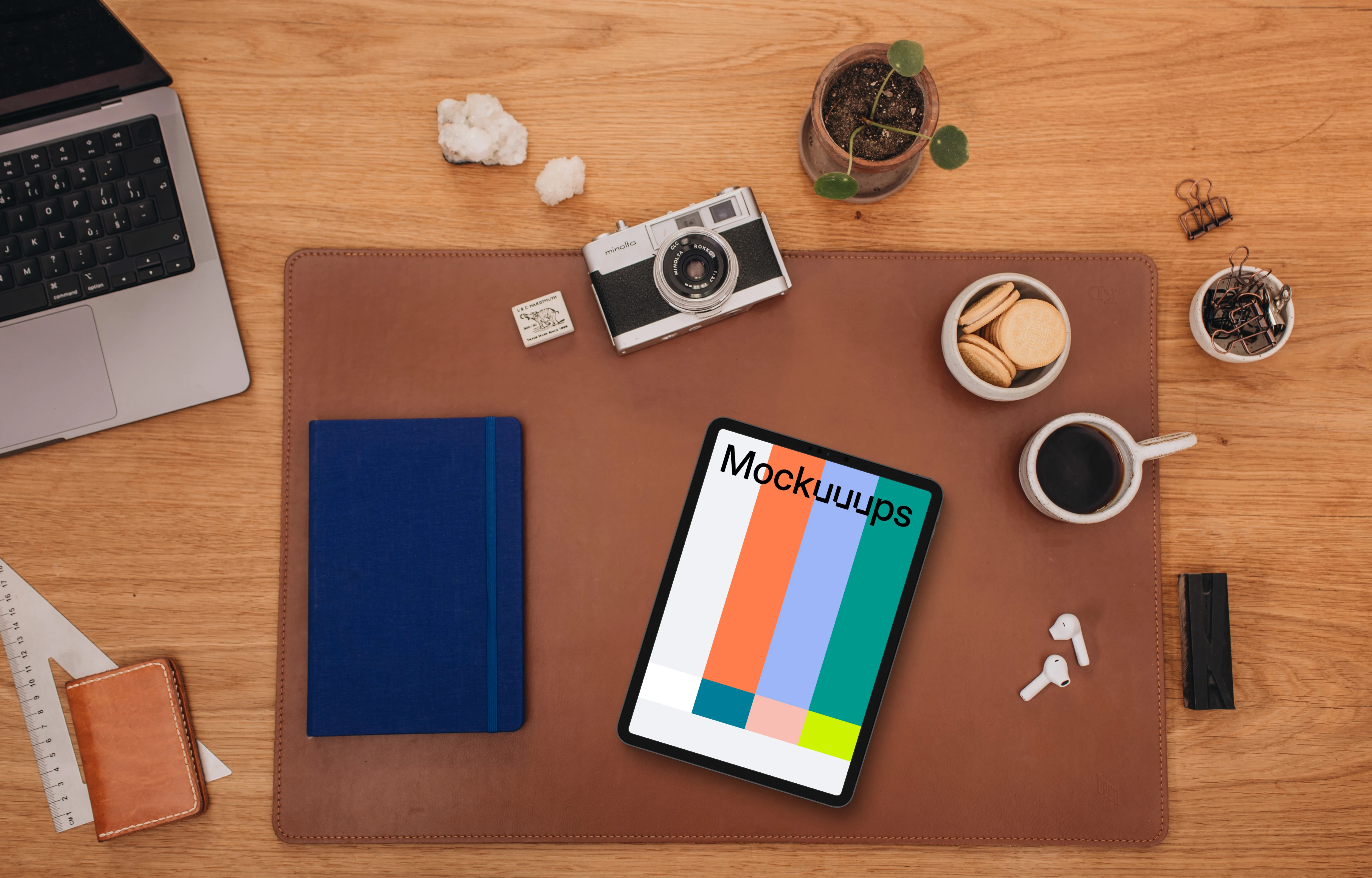 Top view of tablet mockup at home office setup