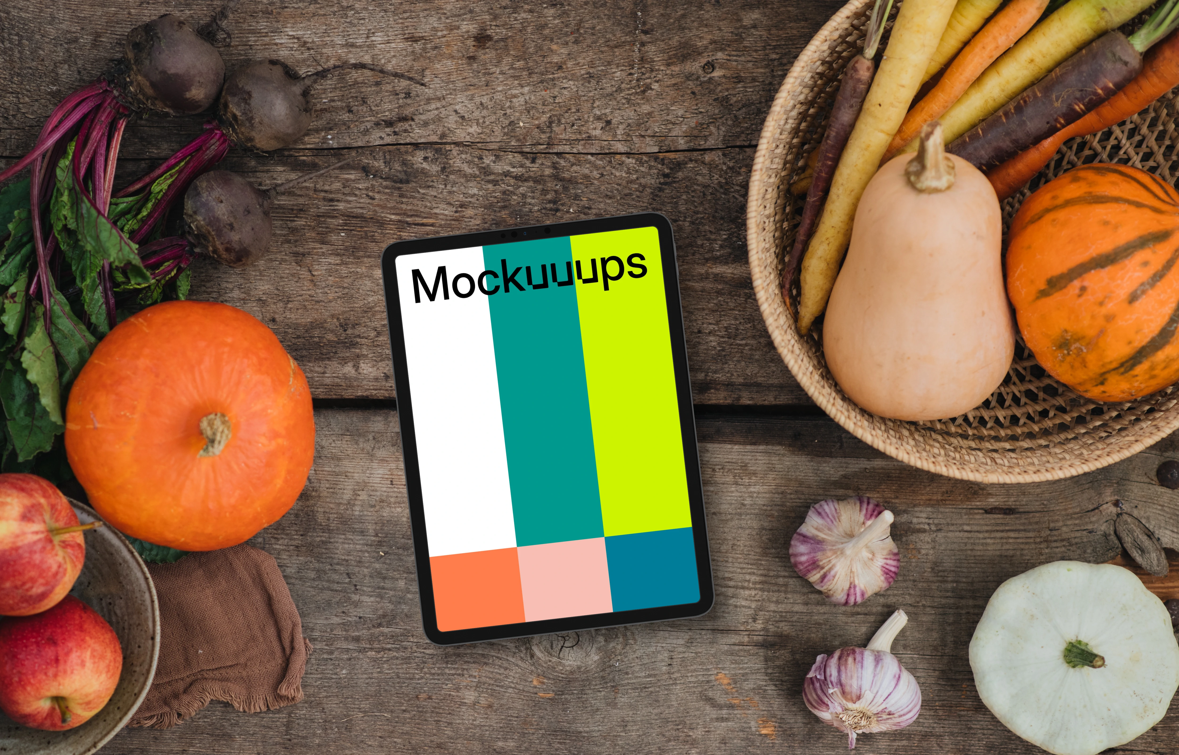 Top view of tablet mockup on the kitchen desk