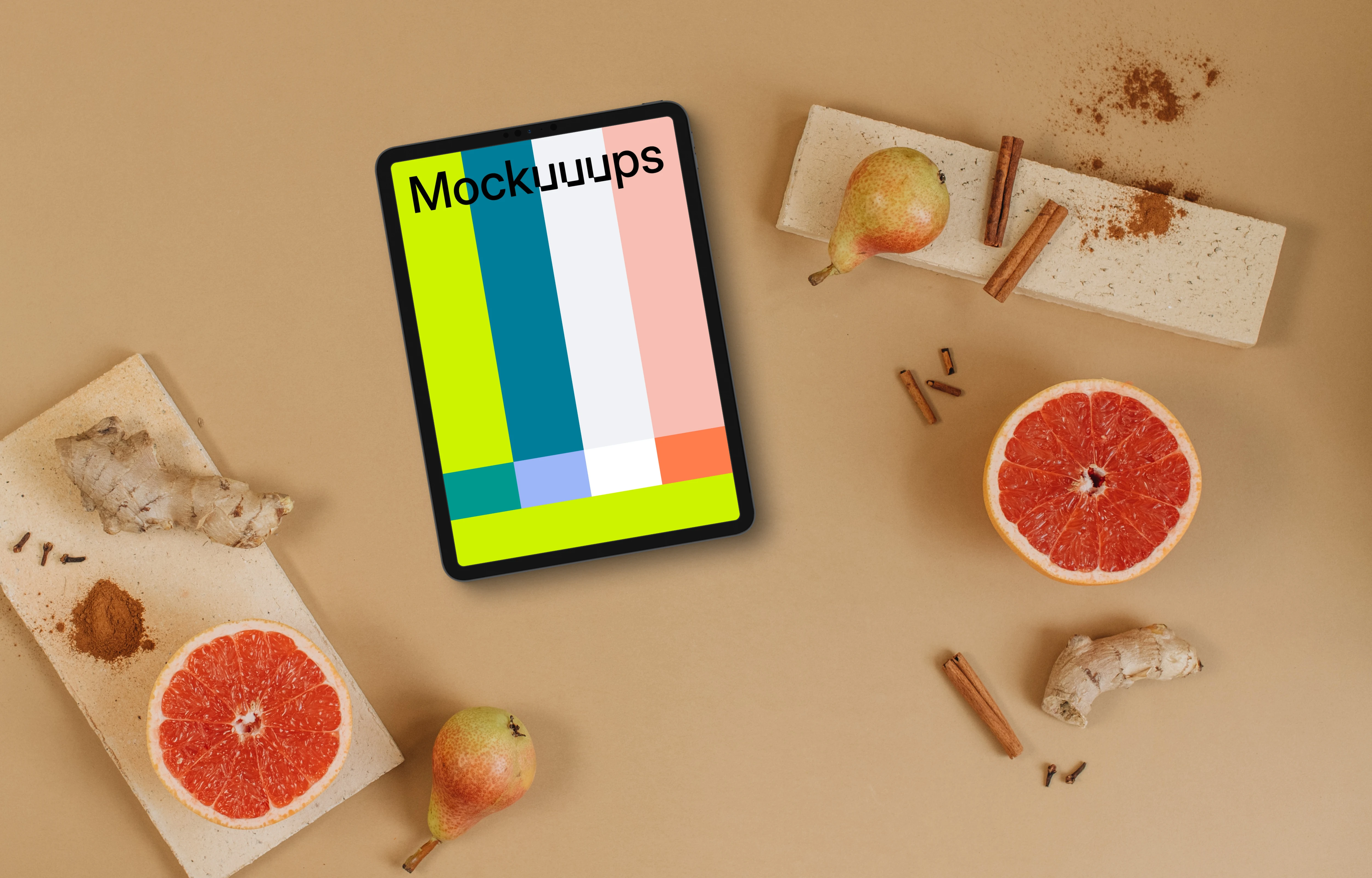 Top view of tablet mockup with autumn styling