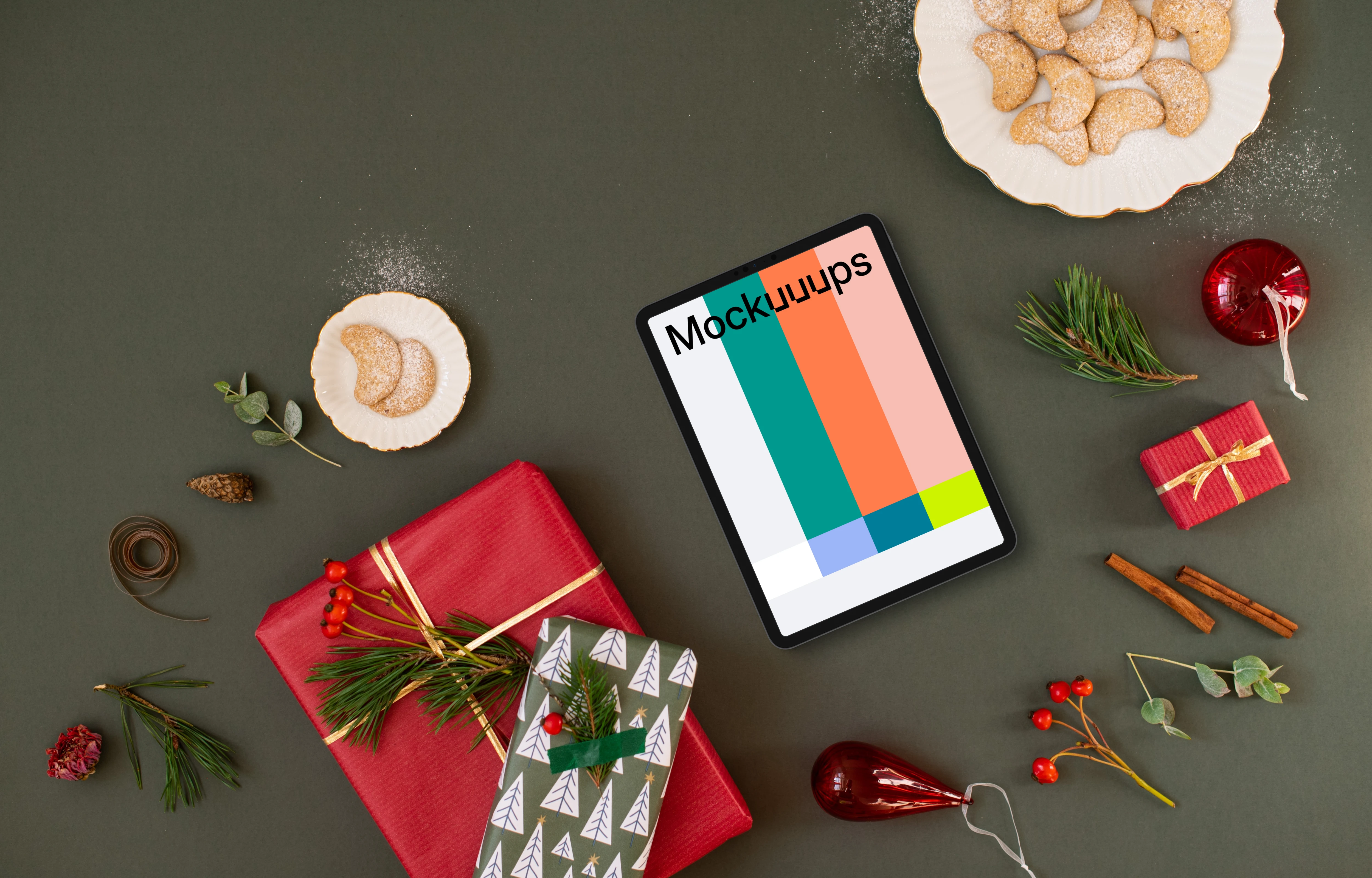 Top view of tablet mockup with christmas background