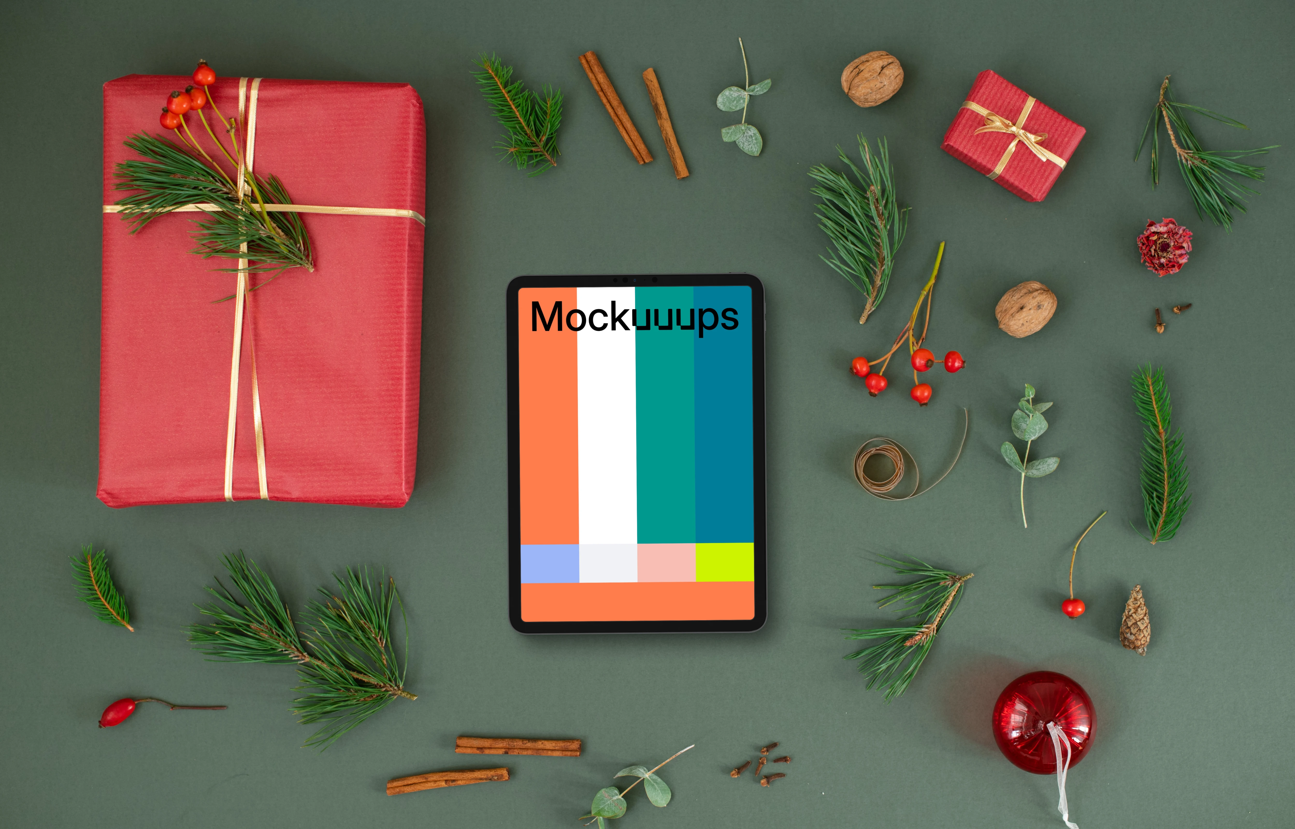 Top view of tablet mockup with christmas decoration