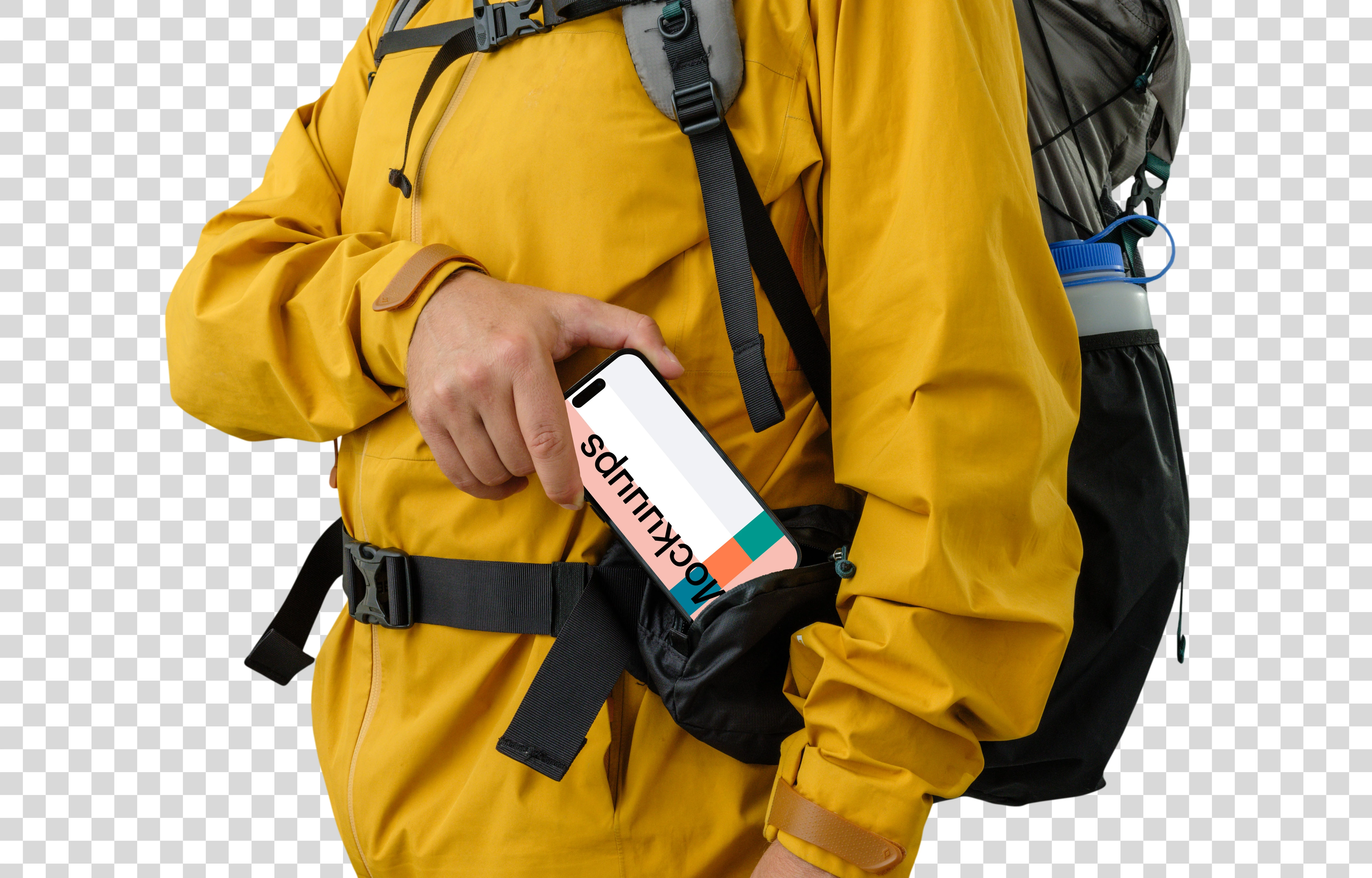 Tourist in yellow jacket with an iPhone mockup in hand