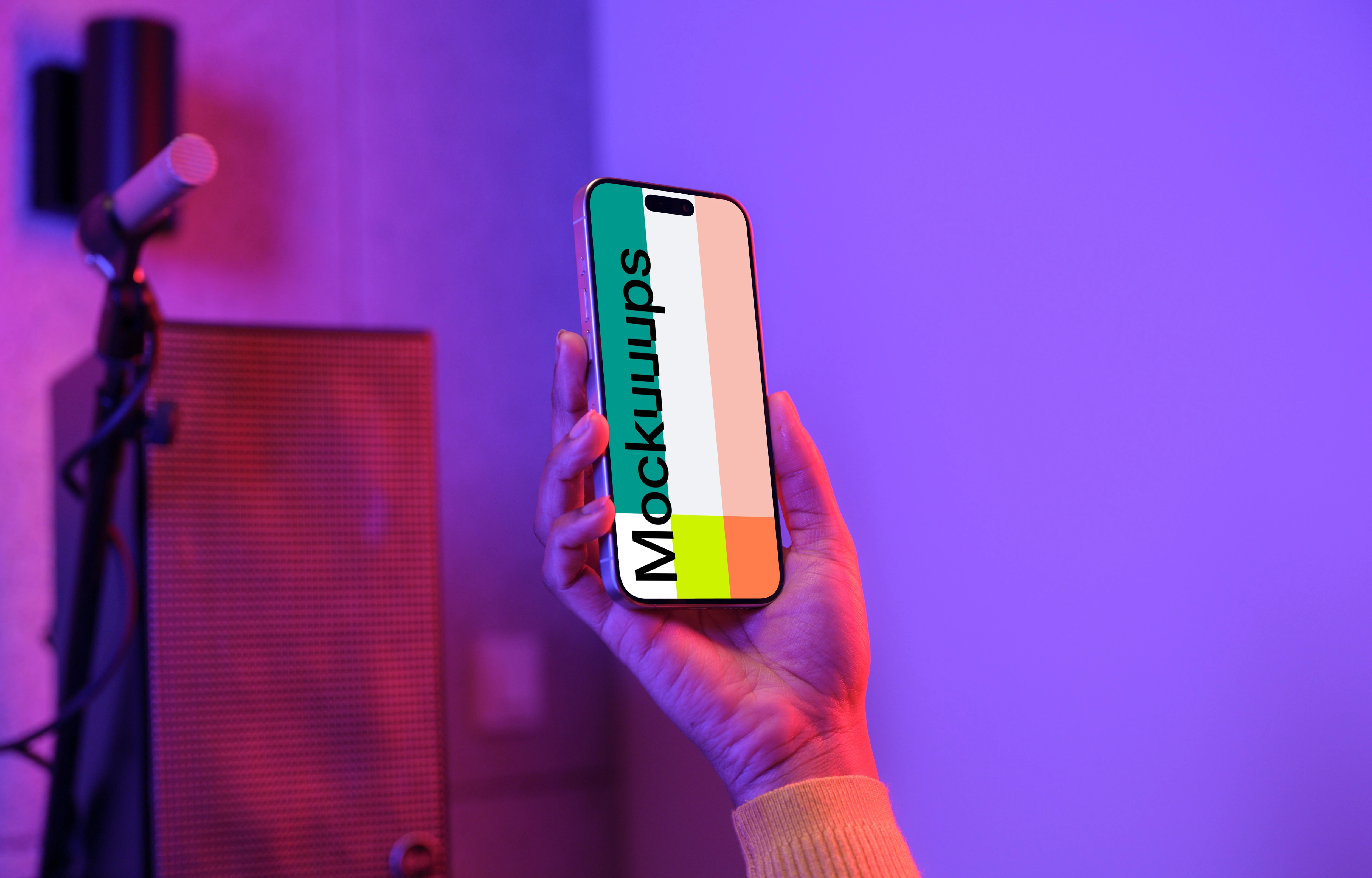 iPhone 15 Pro mockup in a vibrant gaming setup