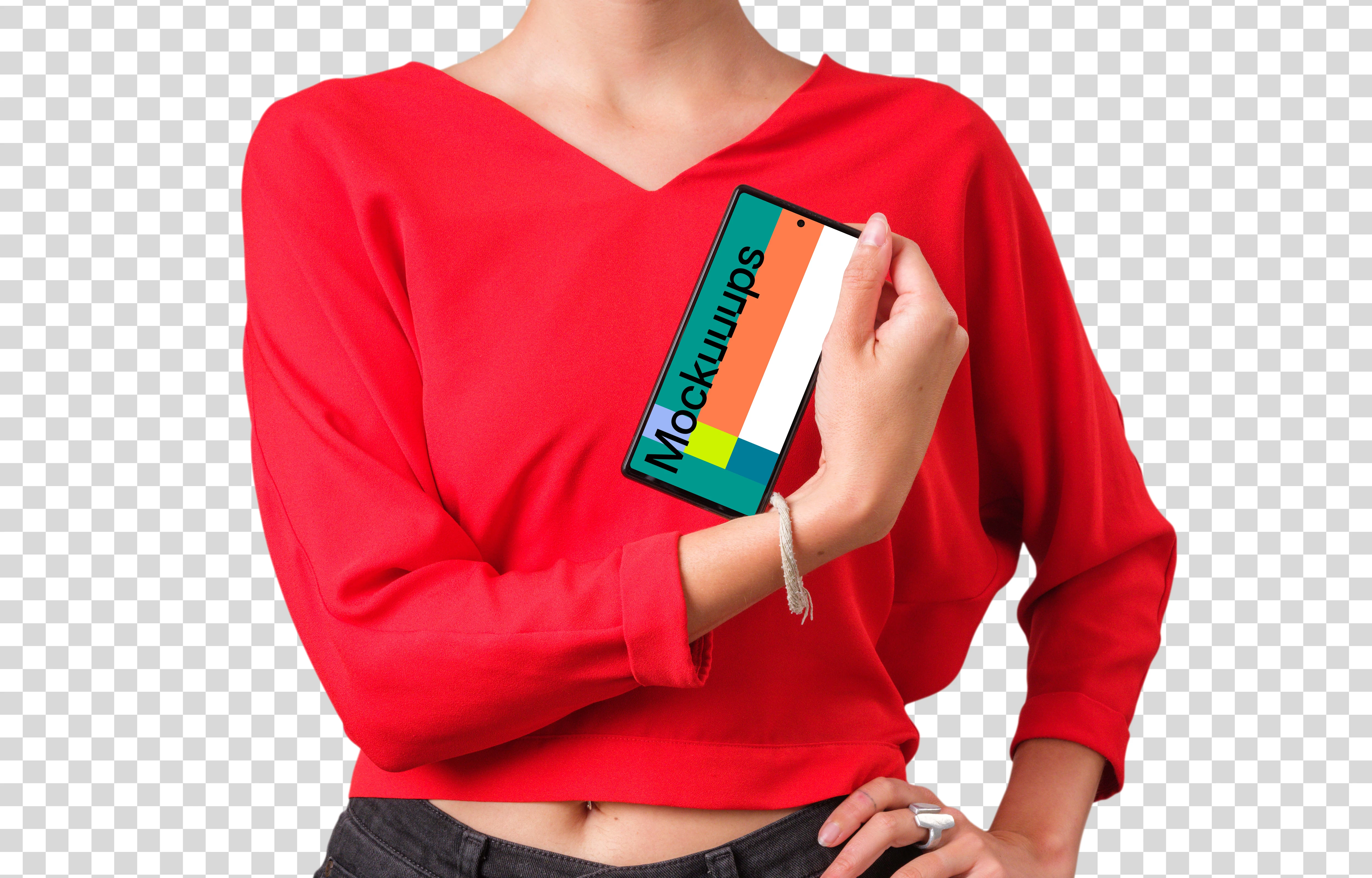 Mockup of Google Pixel held by woman in red shirt
