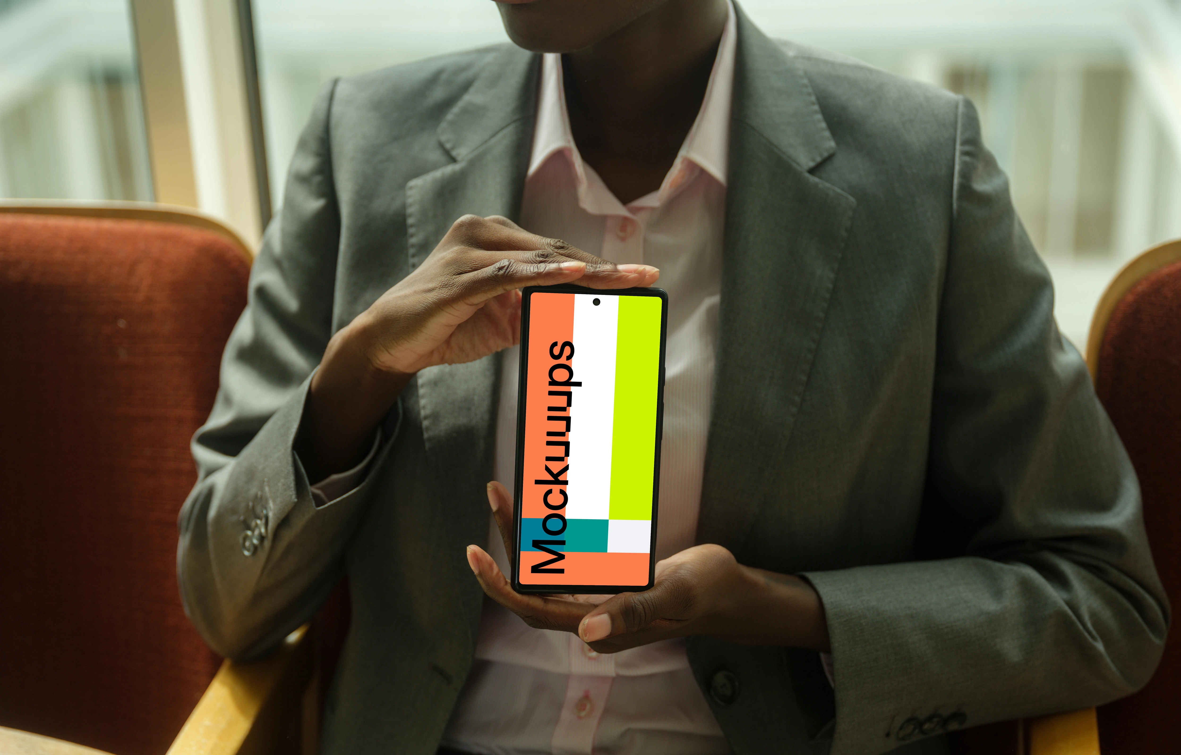 Businesswoman in suit with Google Pixel mockup