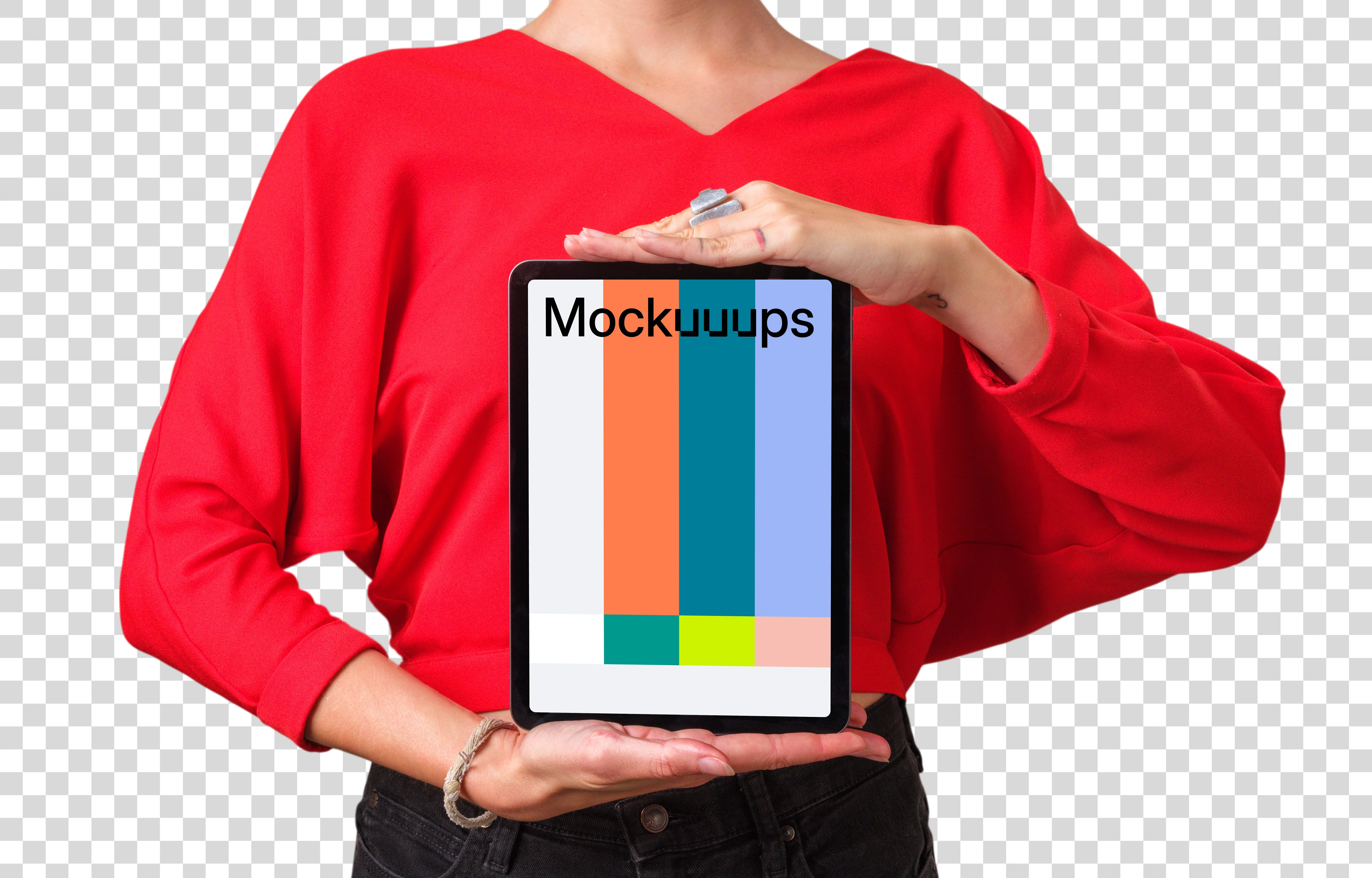 Woman framing iPad mockup with both hands
