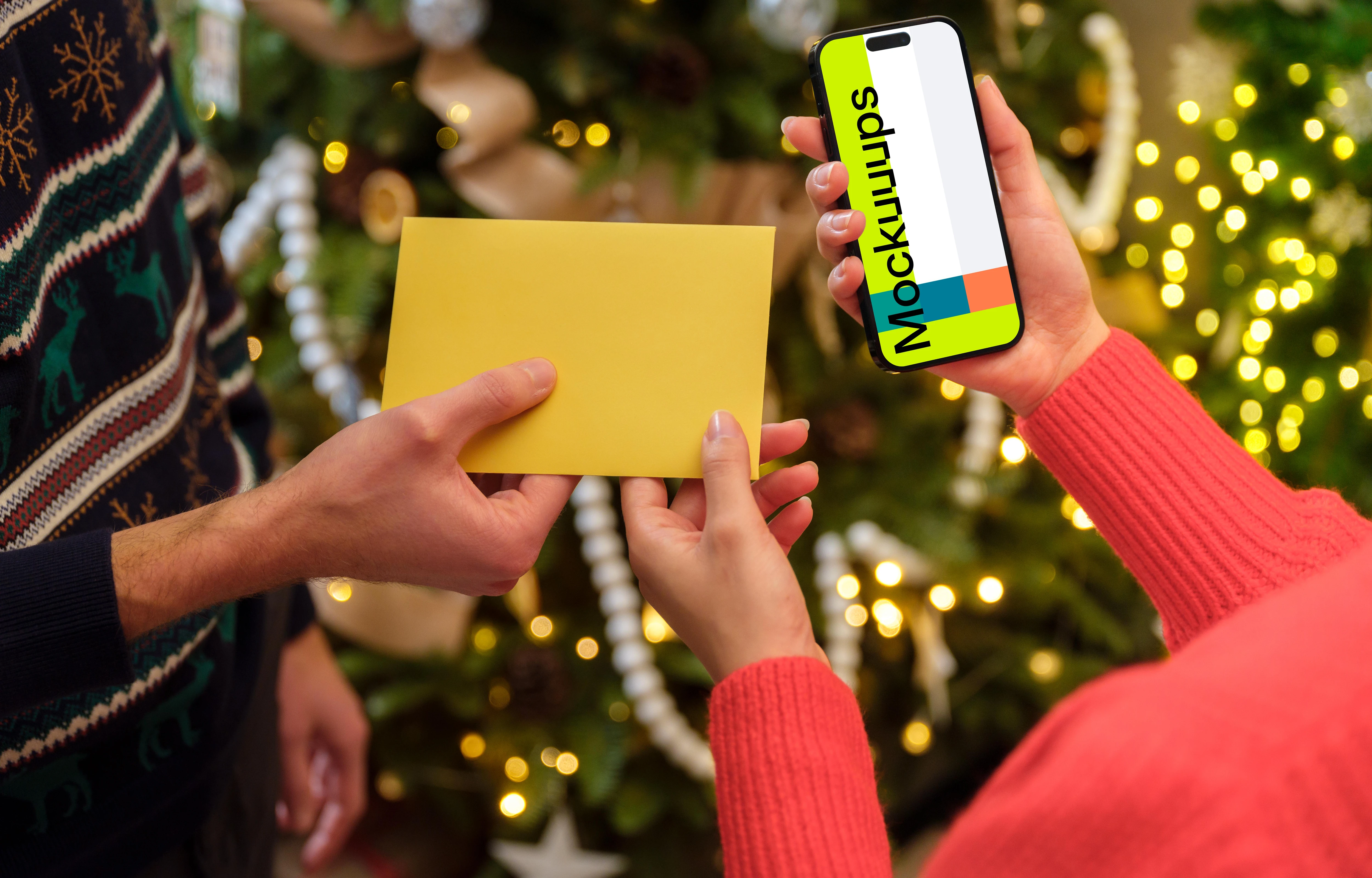 Woman holding a phone and gift card mockup