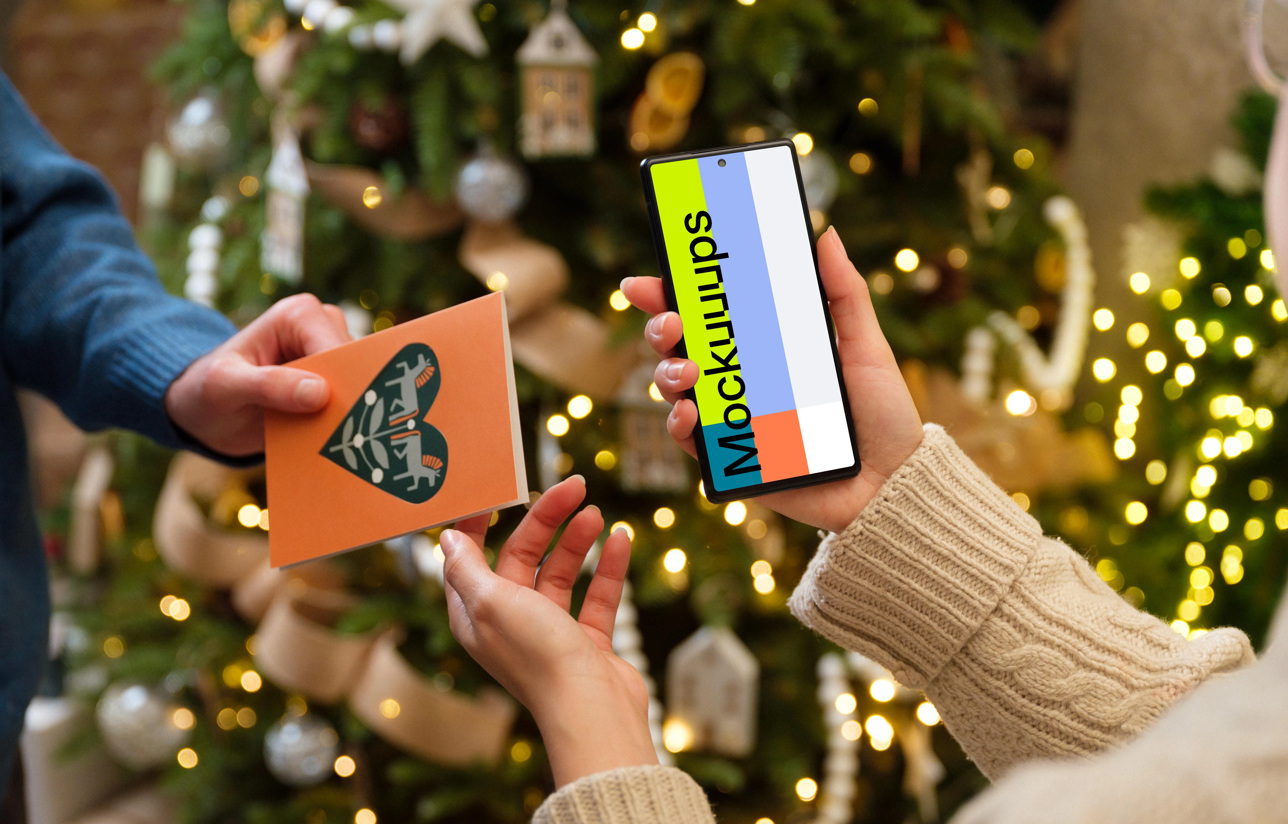 Woman holding a phone mockup while getting a gift card