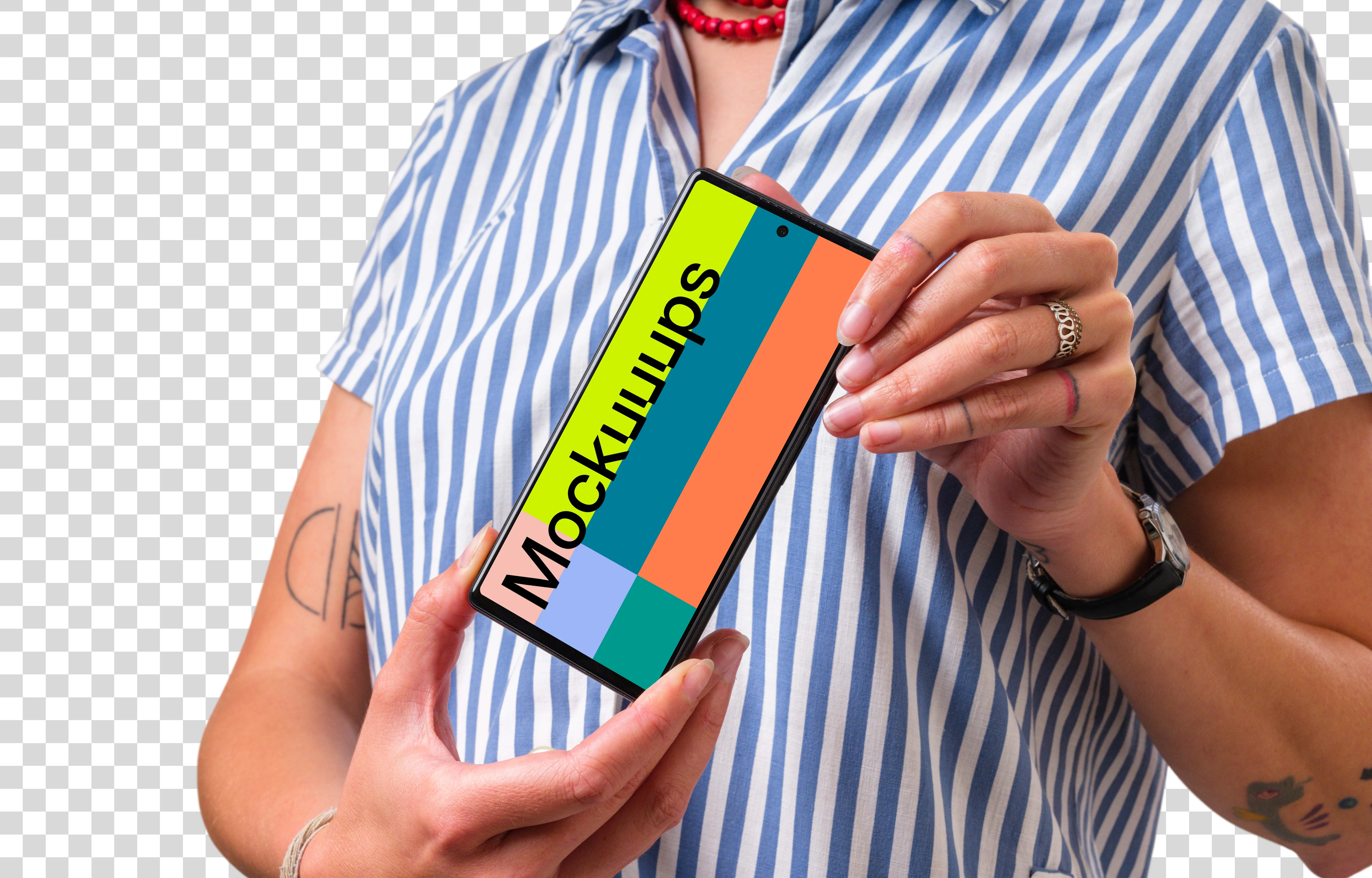 Woman holding Google Pixel mockup with both hands