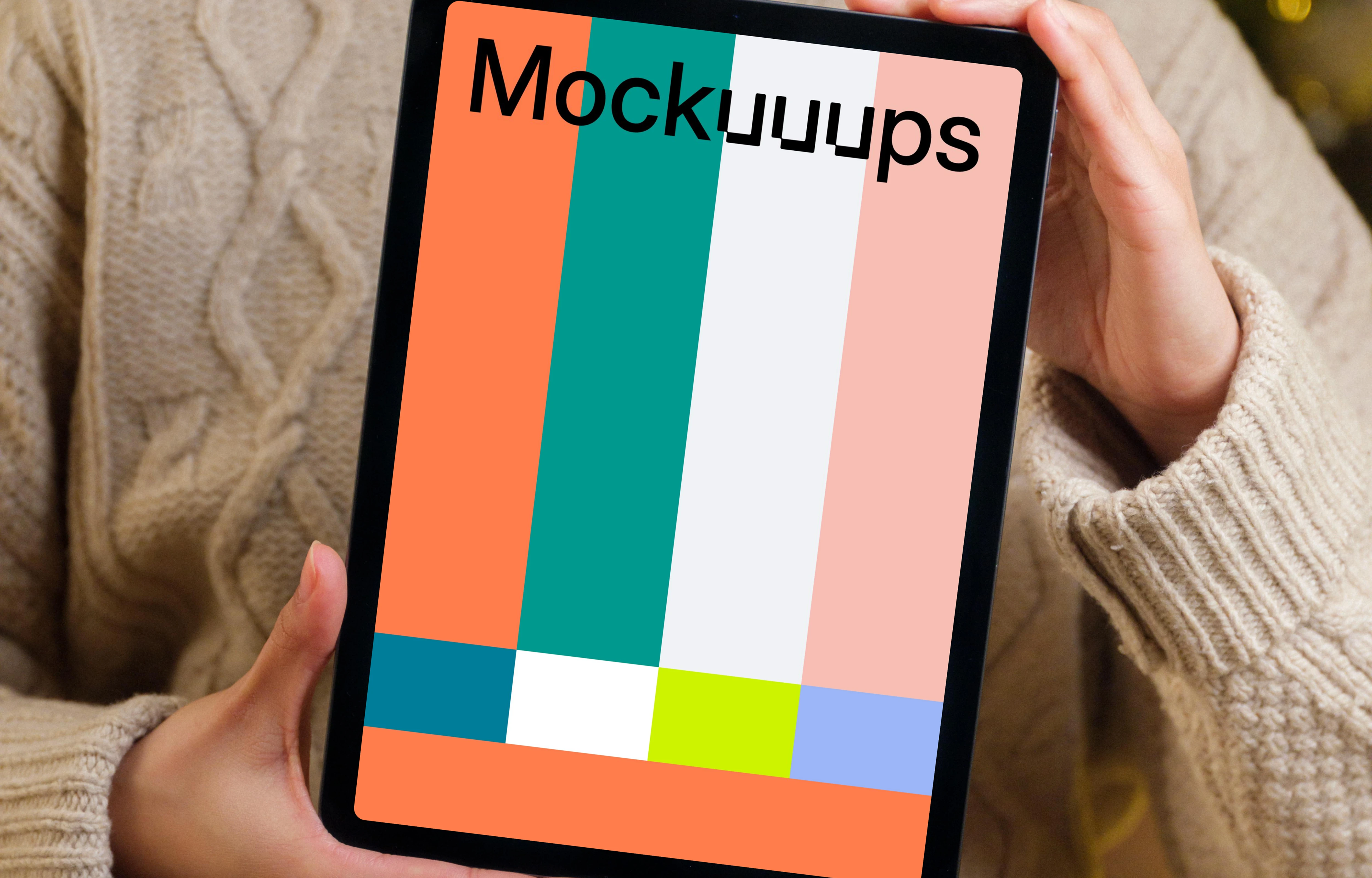 Woman holding iPad mockup next to the Christmas tree