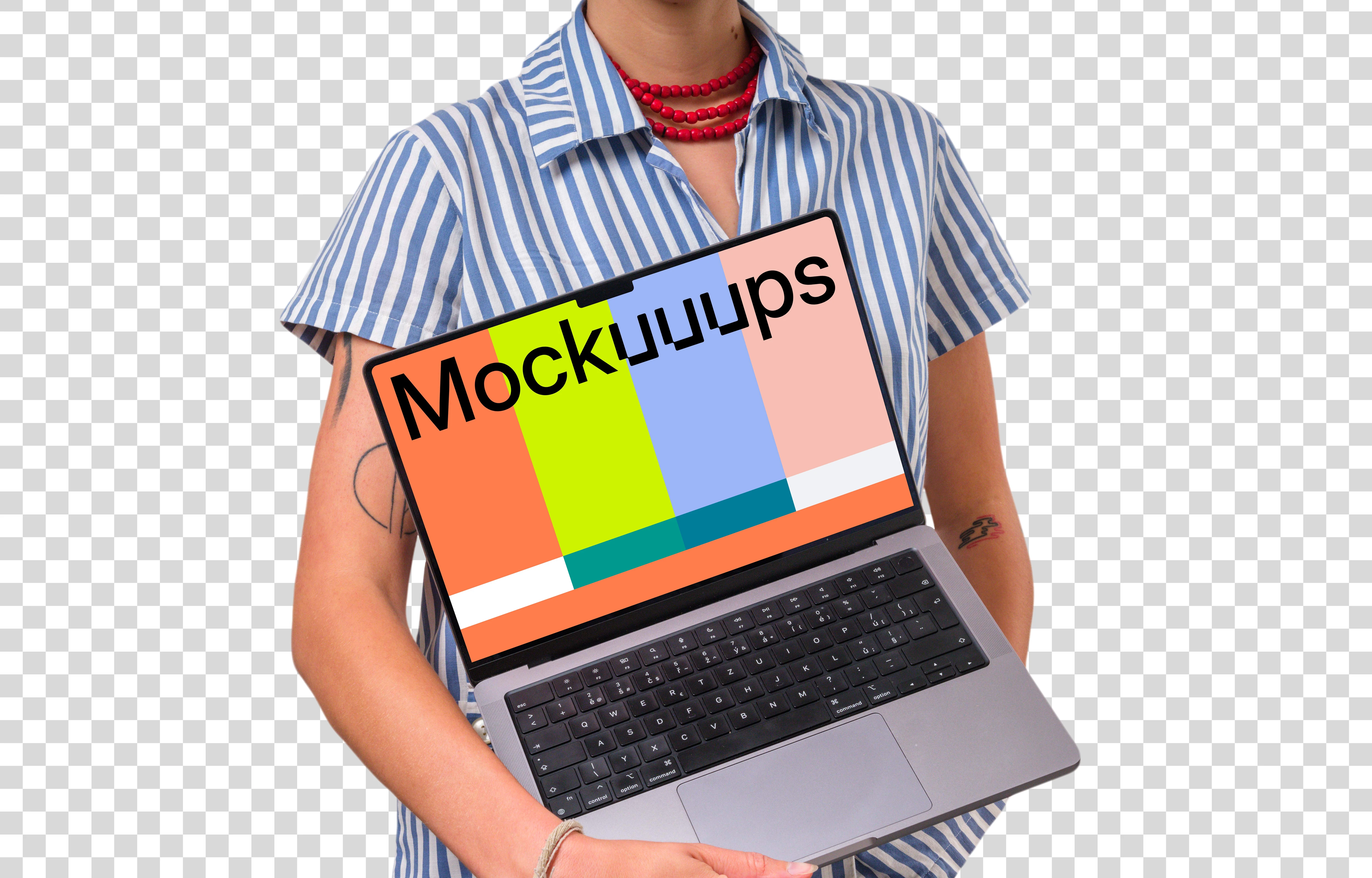 Woman holding opened MacBook mockup