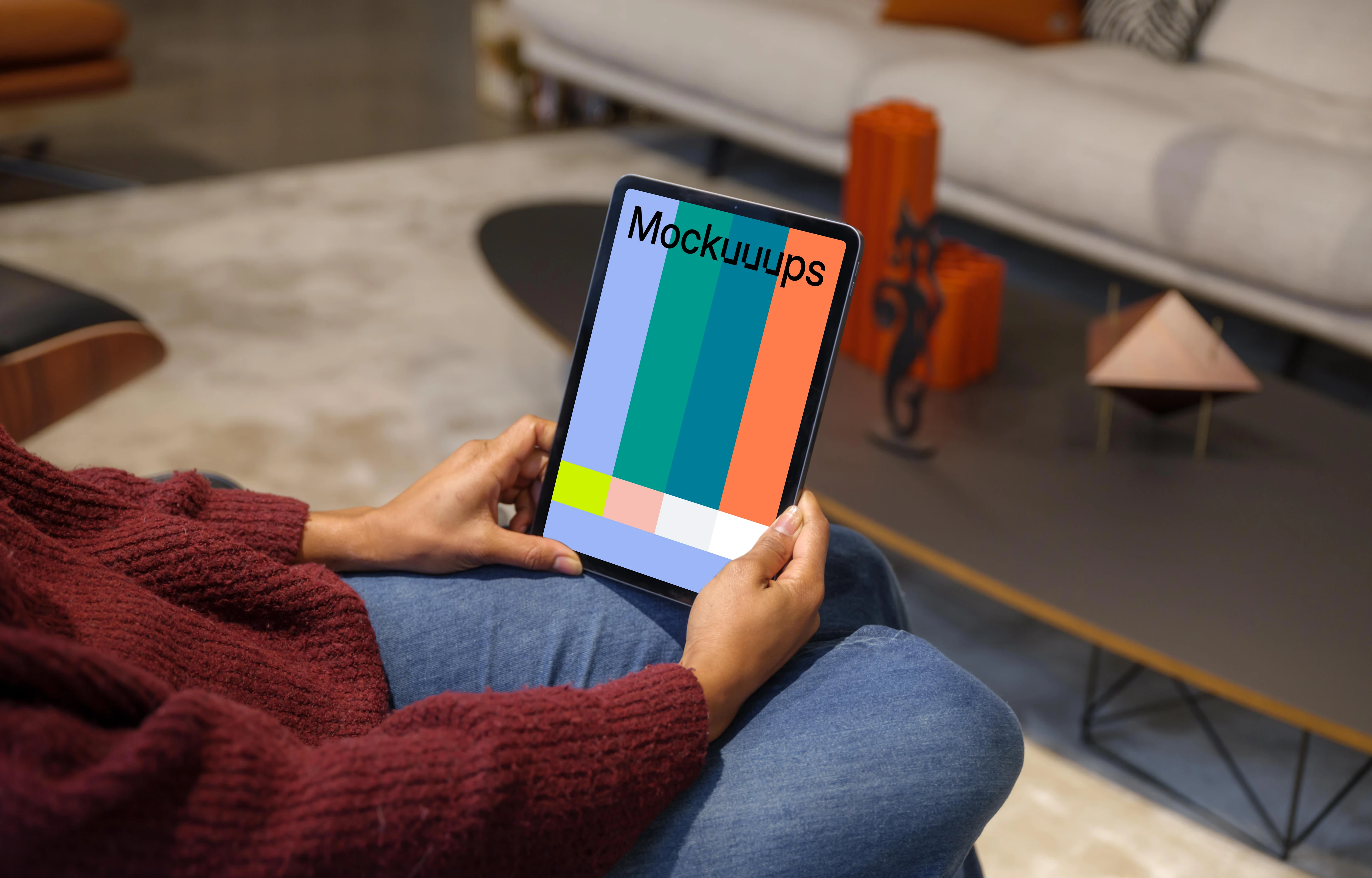 Woman in burgundy sweater with iPad Air mockup