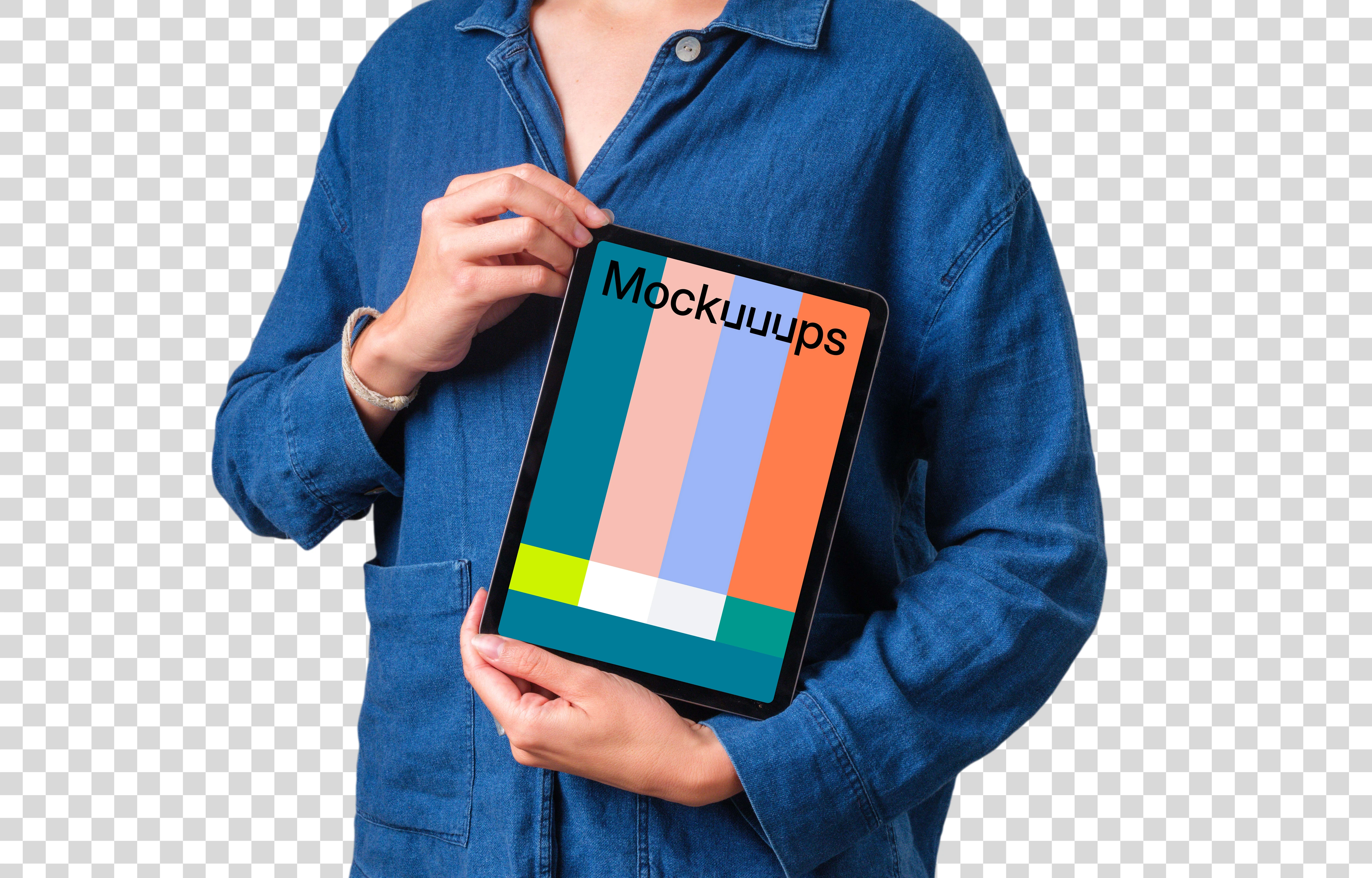 Woman in denim shirt holding iPad mockup