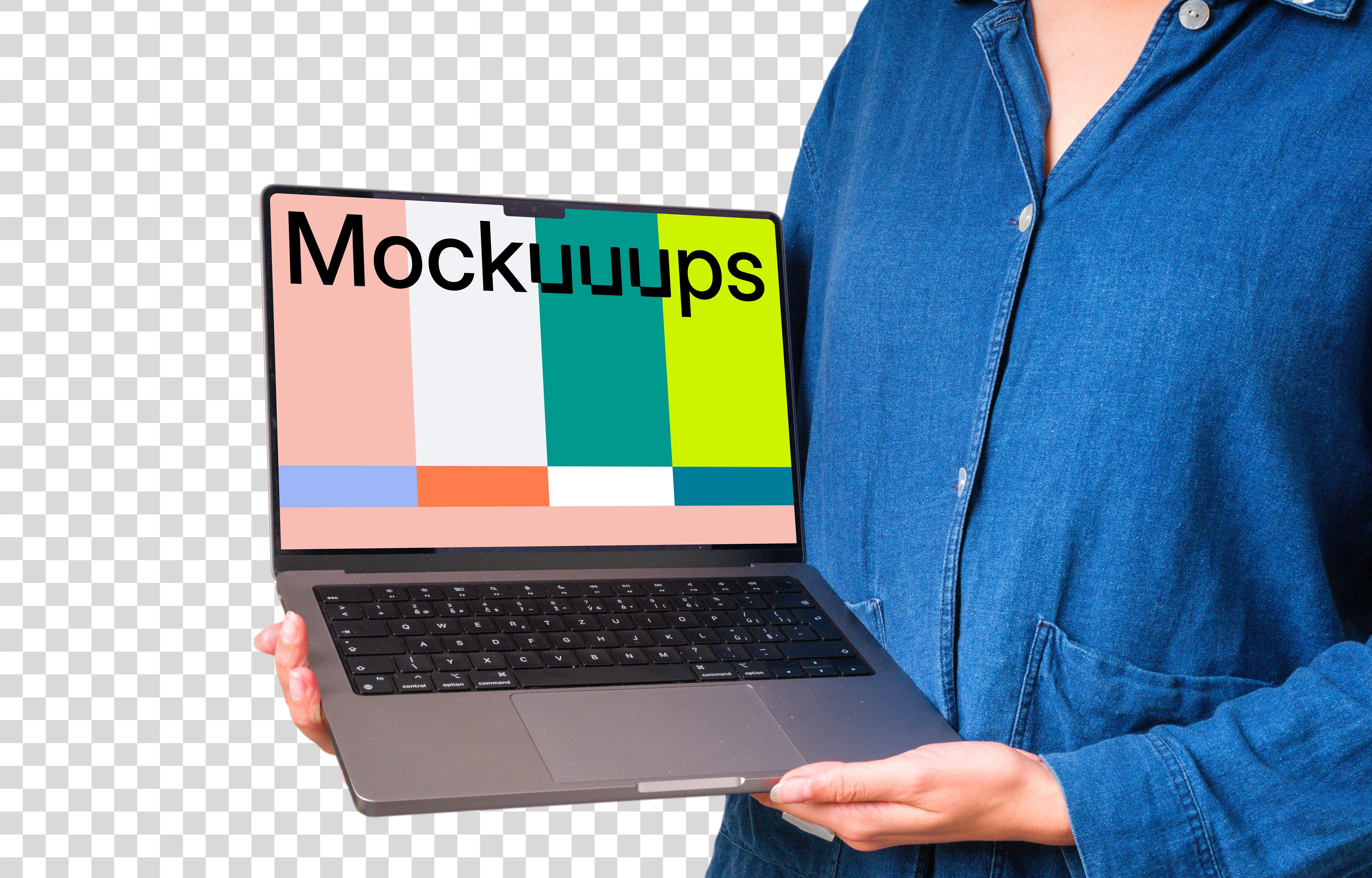 Woman in denim shirt holding opened MacBook mockup
