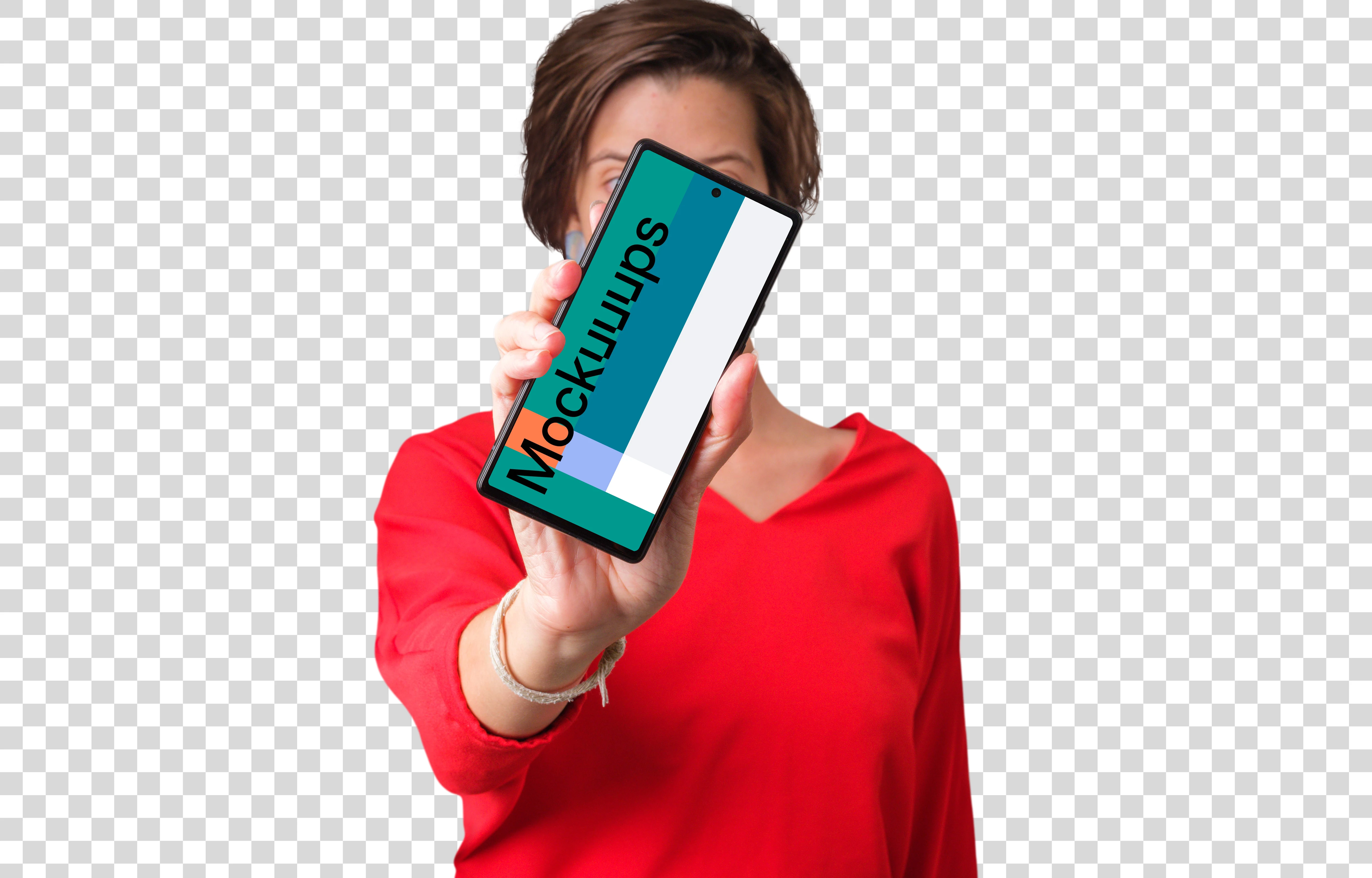 Woman in red shirt holding Google Pixel mockup in front of her face