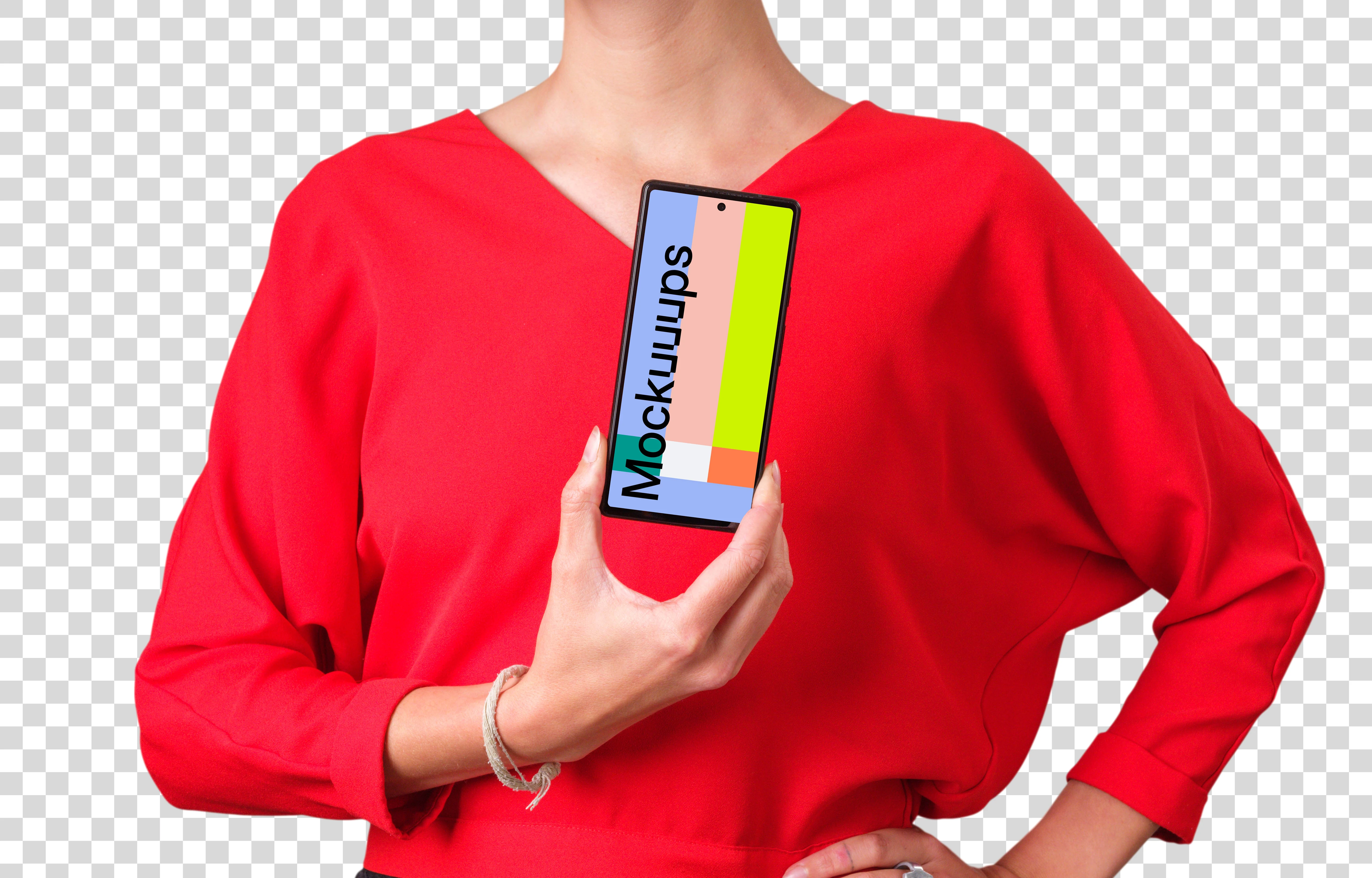 Woman in red shirt holding Google Pixel mockup in one hand