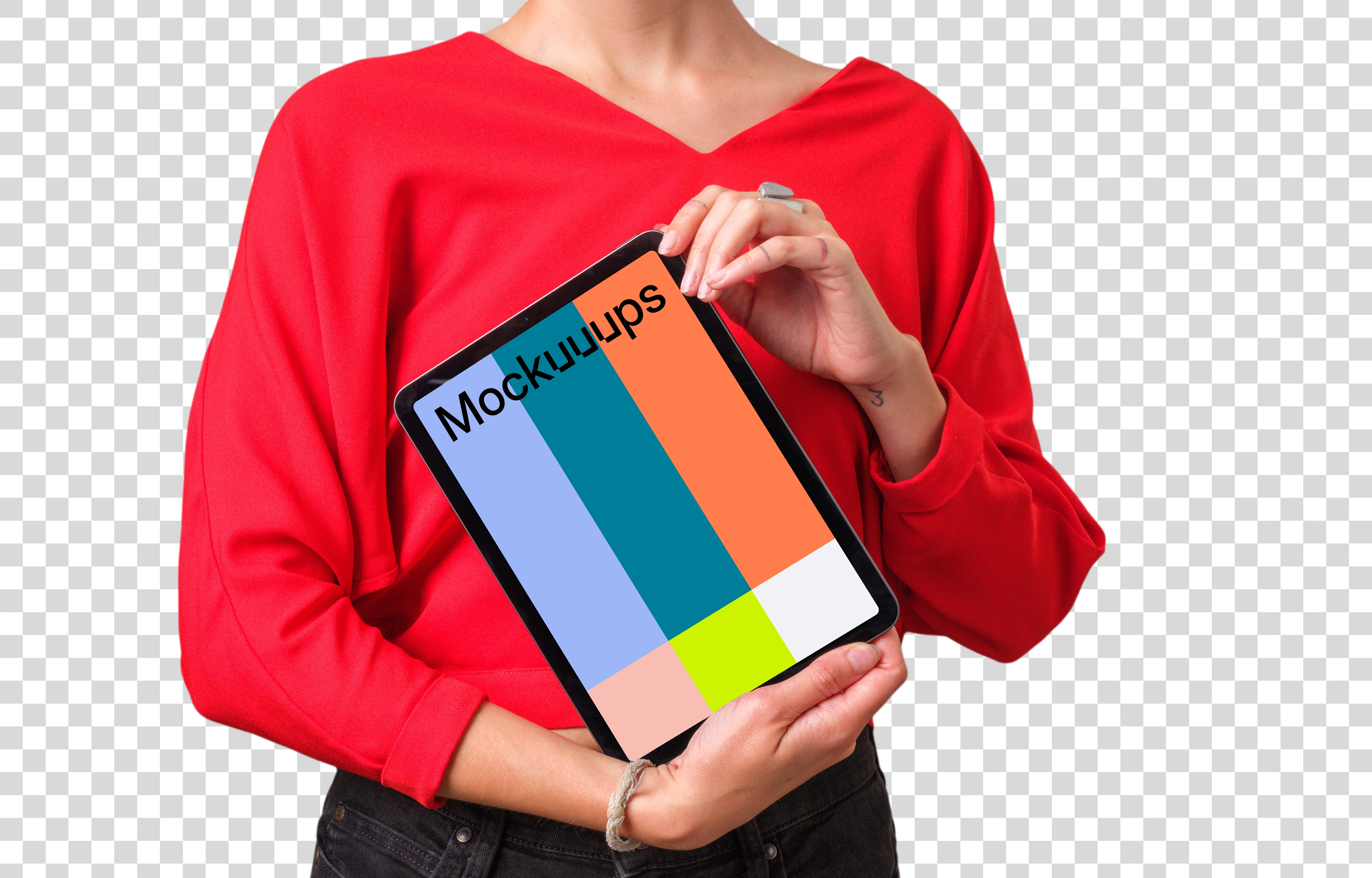 Woman in red shirt holding iPad mockup