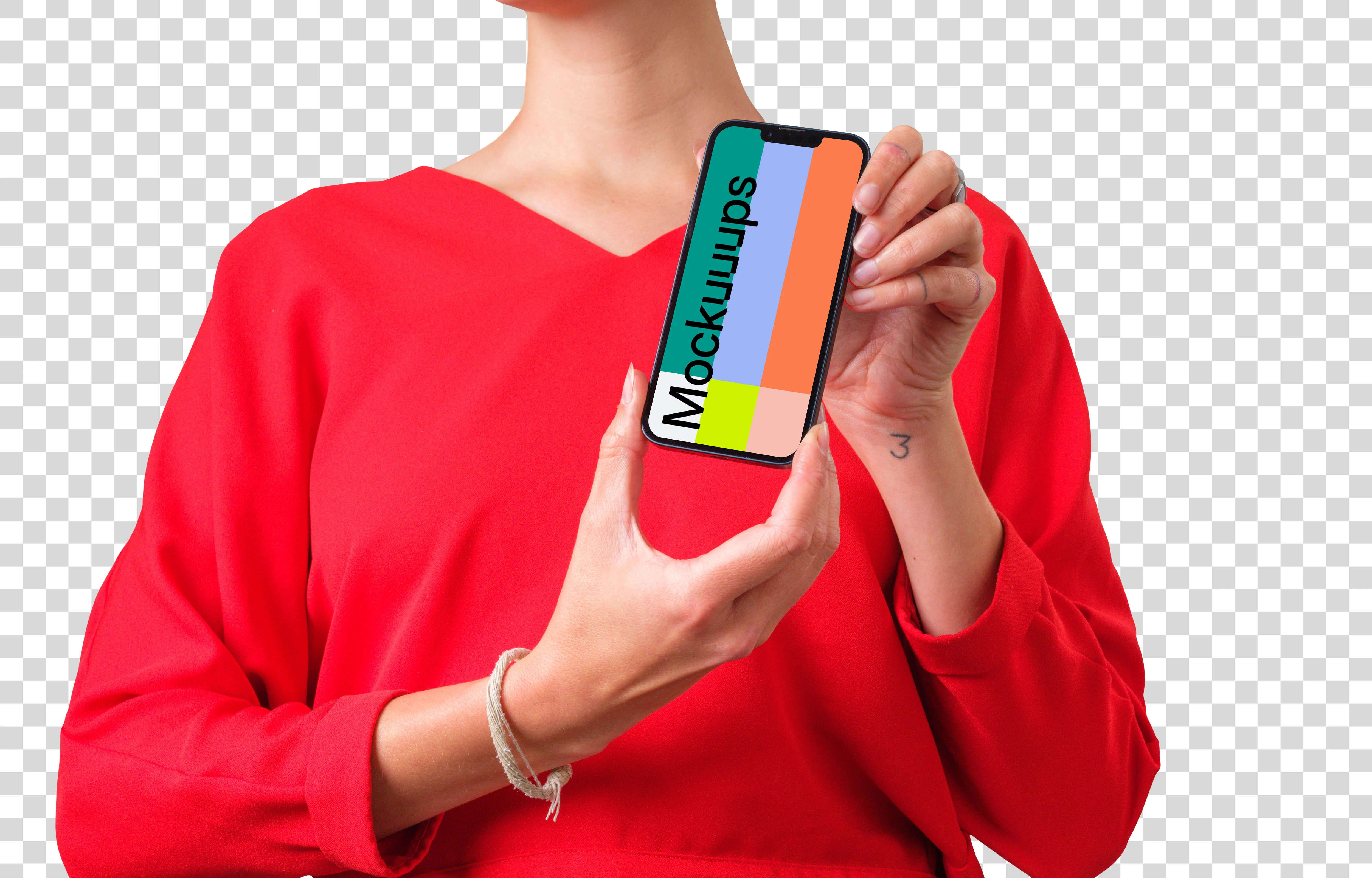 Woman in red shirt holding iPhone mockup with both hands