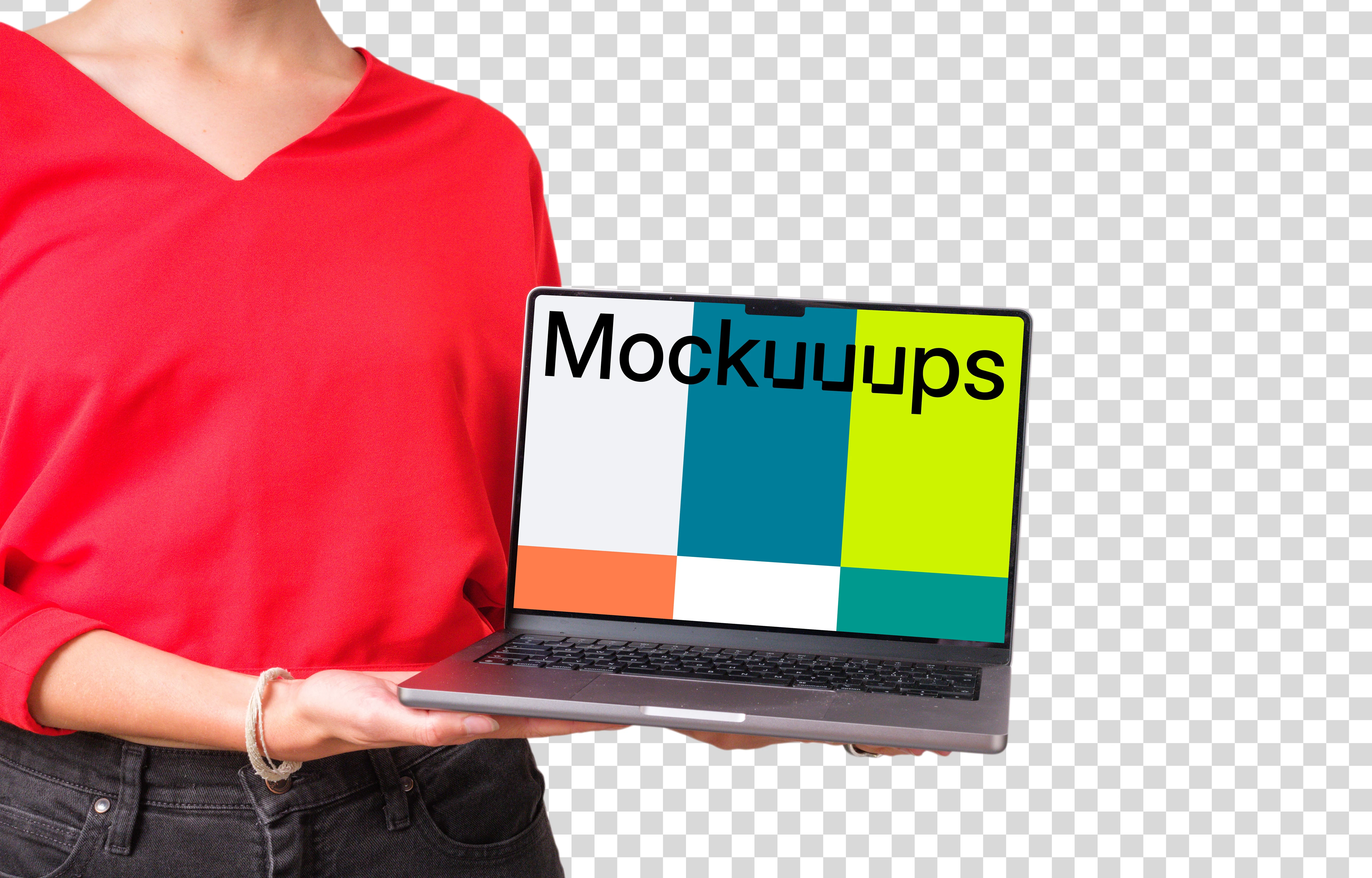 Woman in red shirt holding MacBook mockup from the side