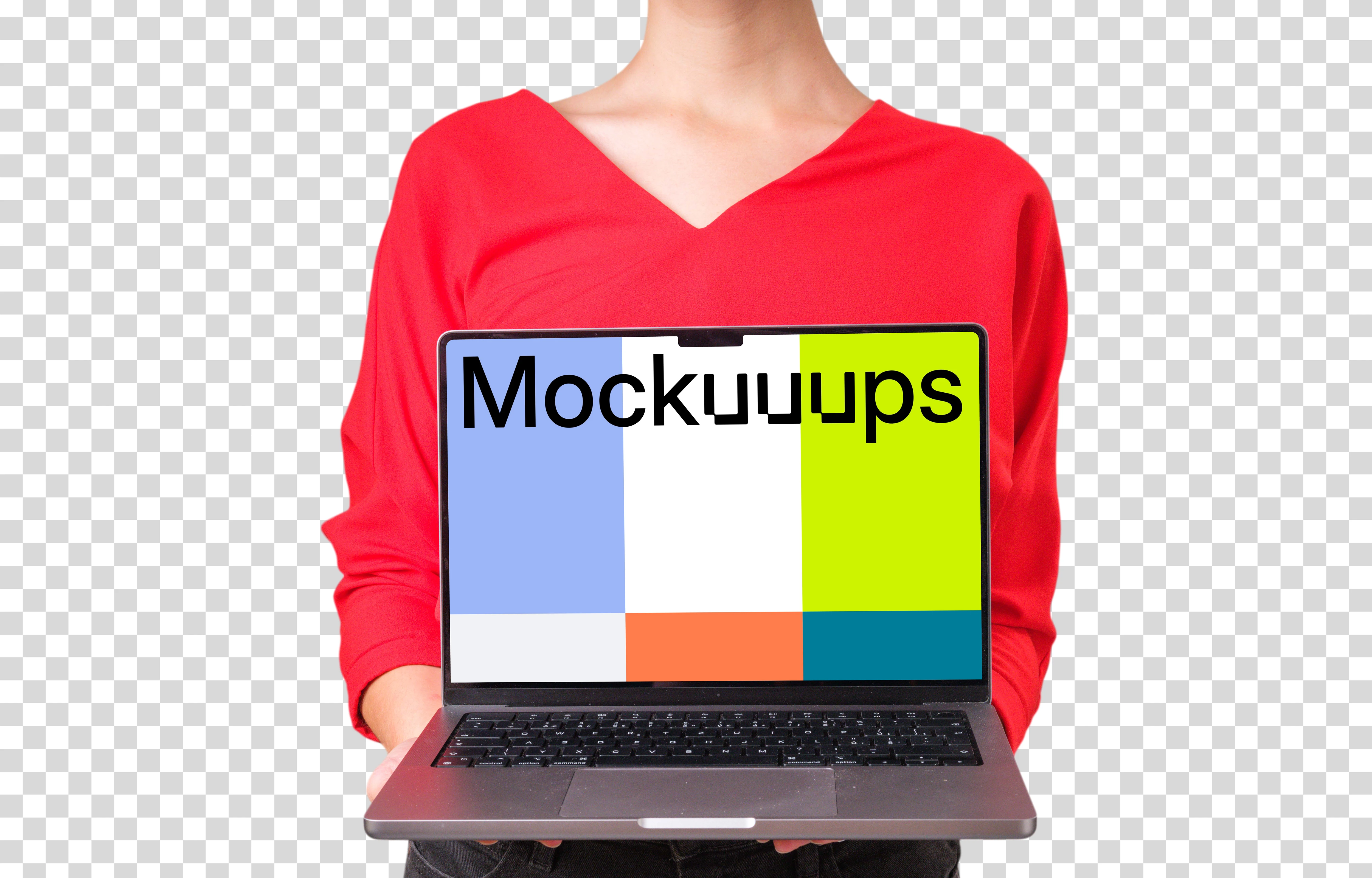 Woman in red shirt holding MacBook mockup