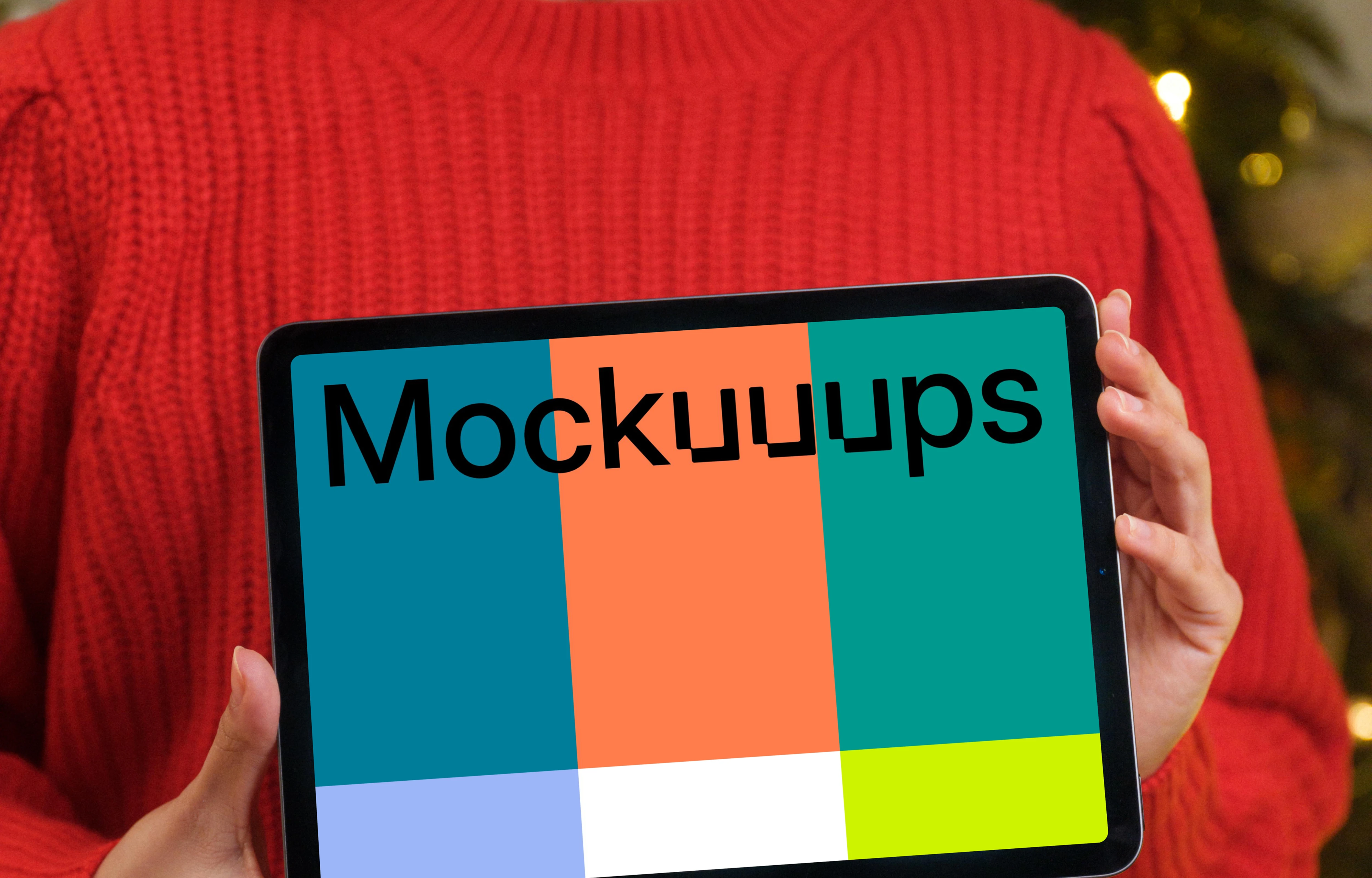 Woman in red sweater holding tablet mockup