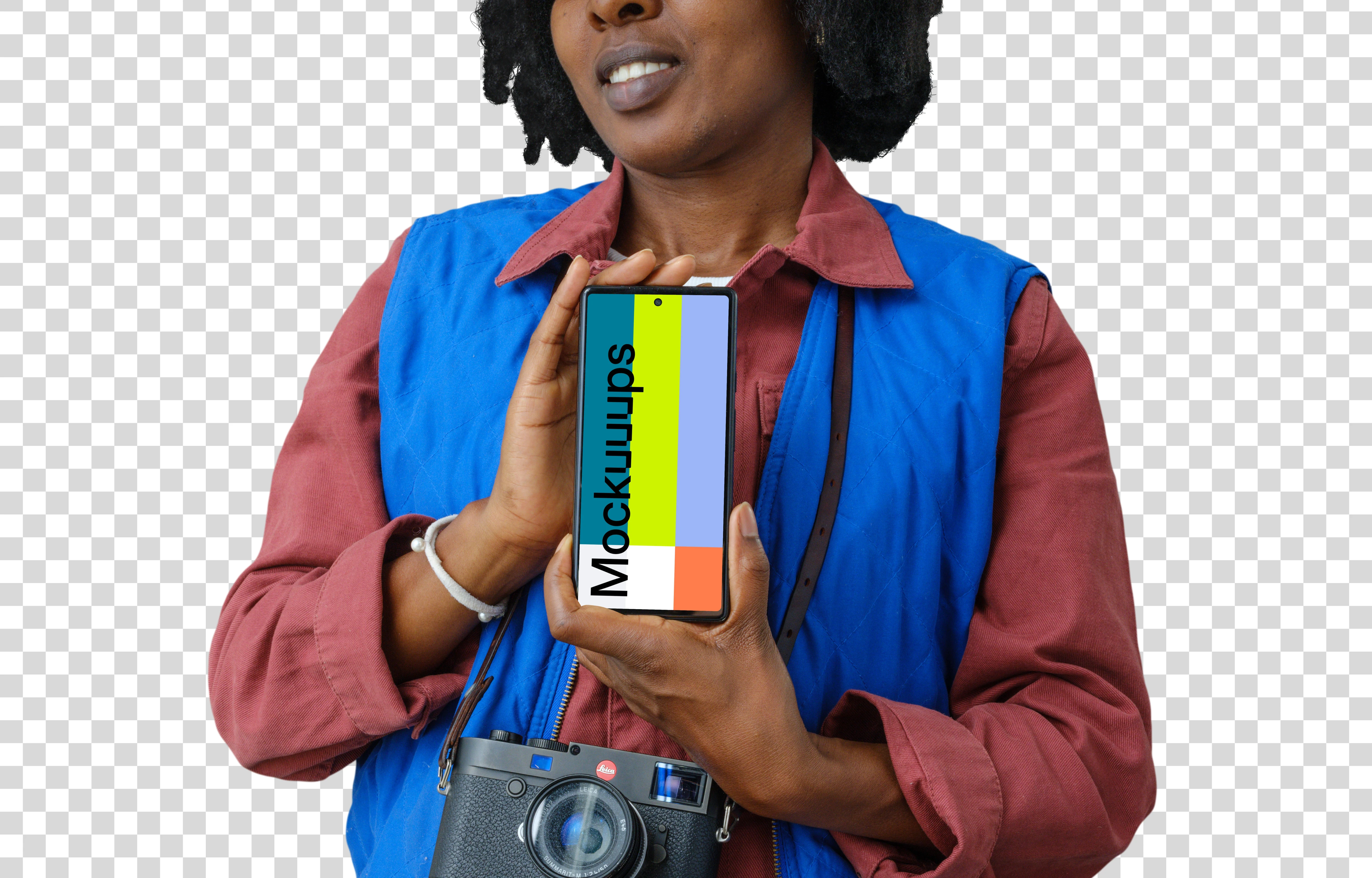 Woman photographer confidently holding a Pixel 6 mockup
