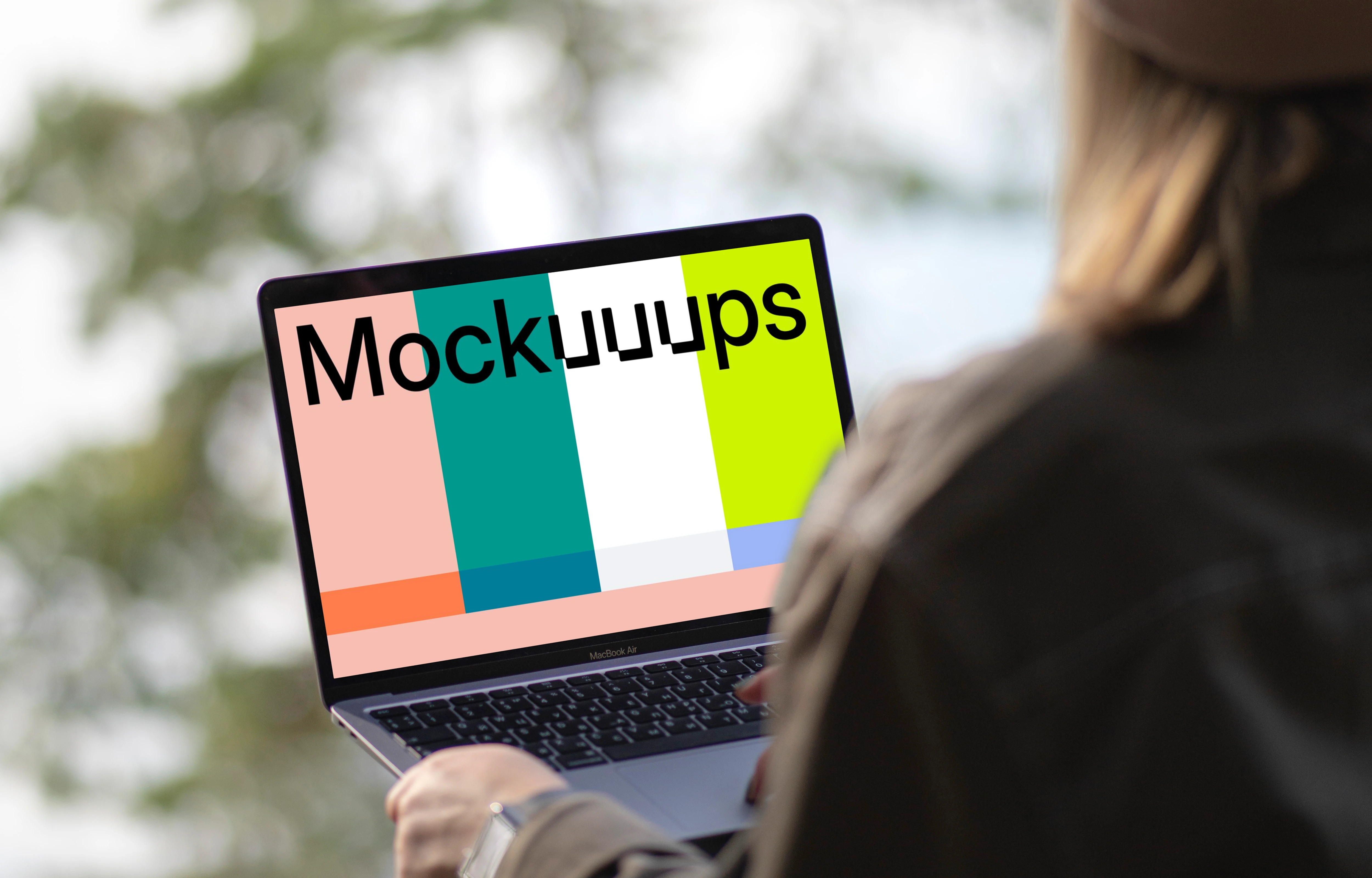 Woman searching on MacBook Air mockup 