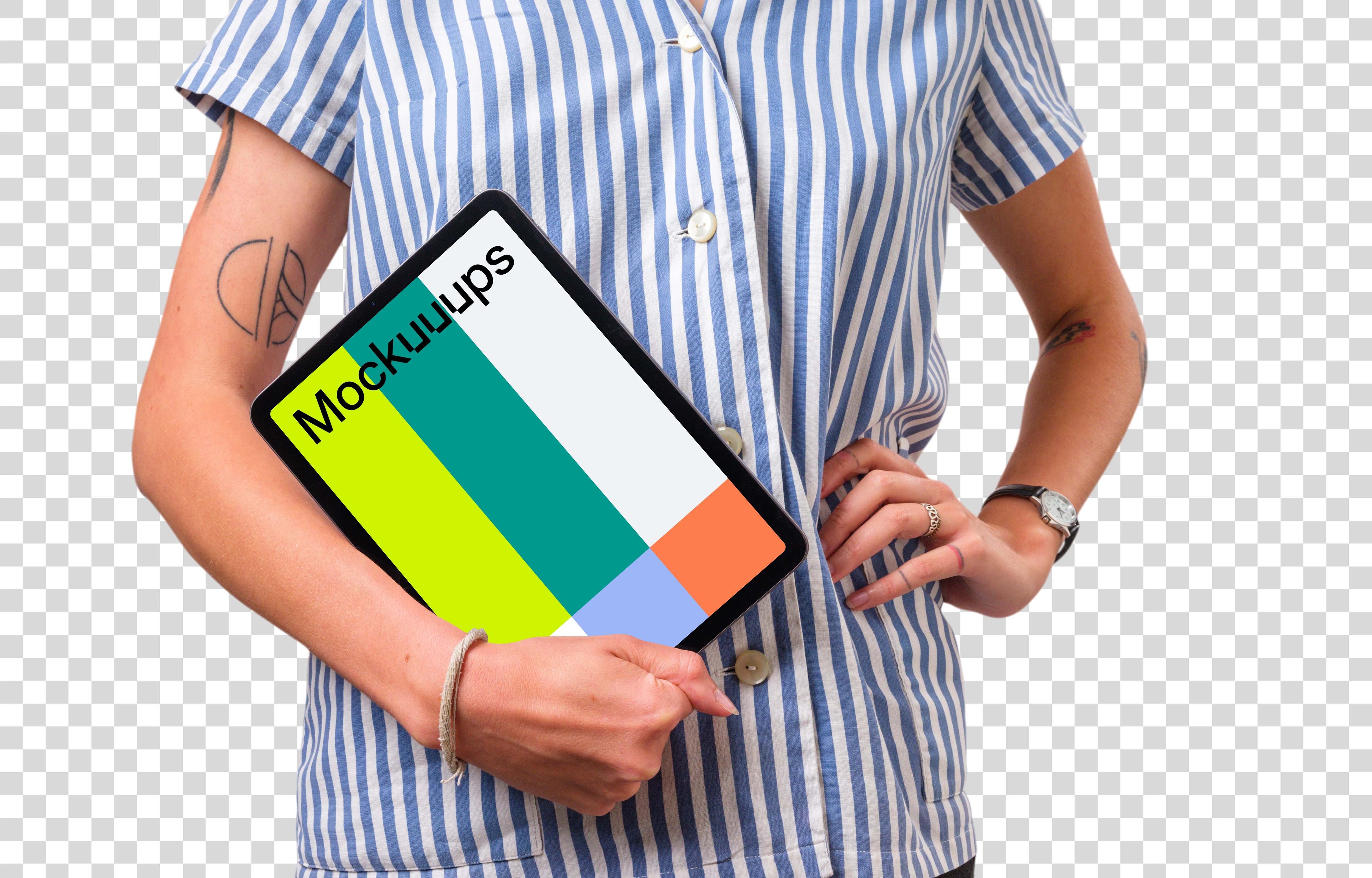 Woman standing and holding iPad mockup