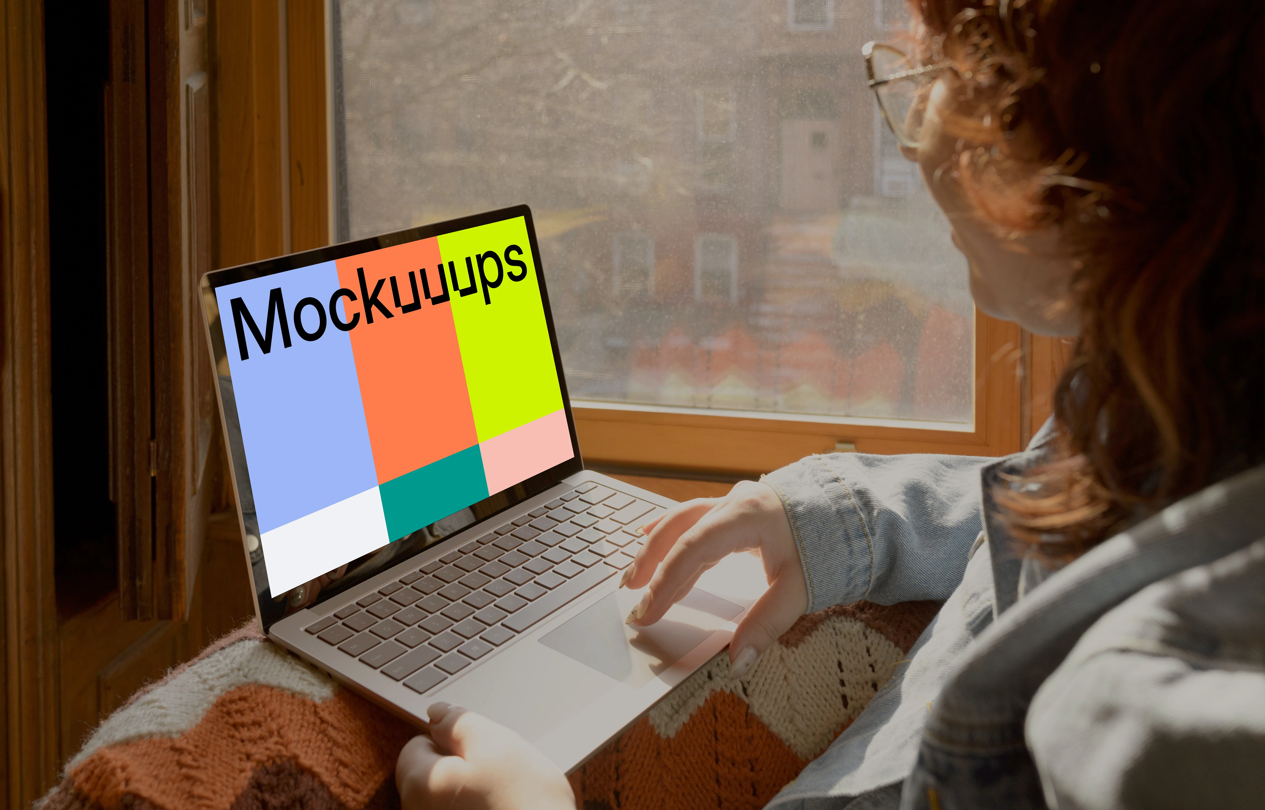 Woman working on laptop mockup