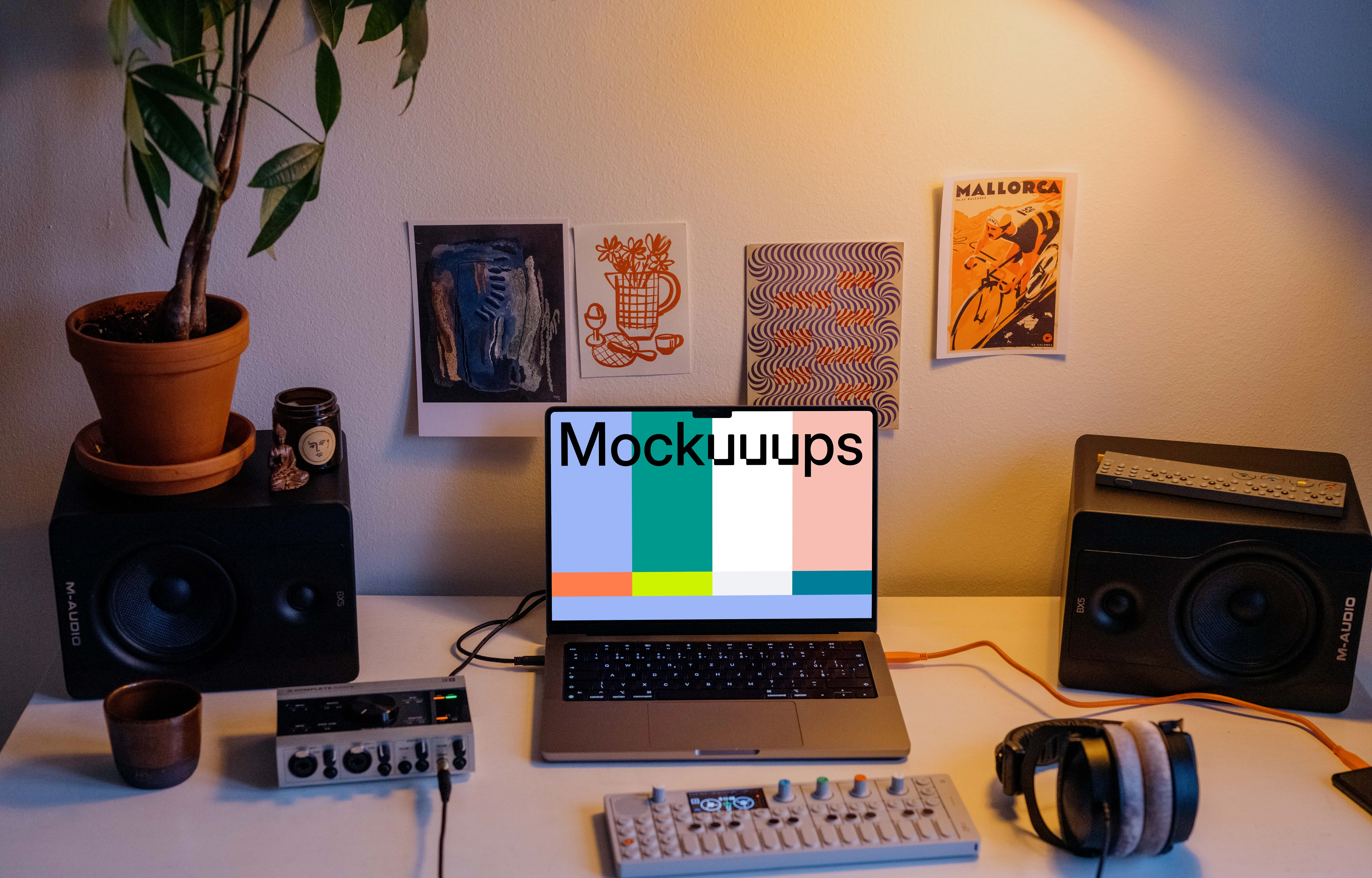 Working on the MacBook Pro at podcast studio