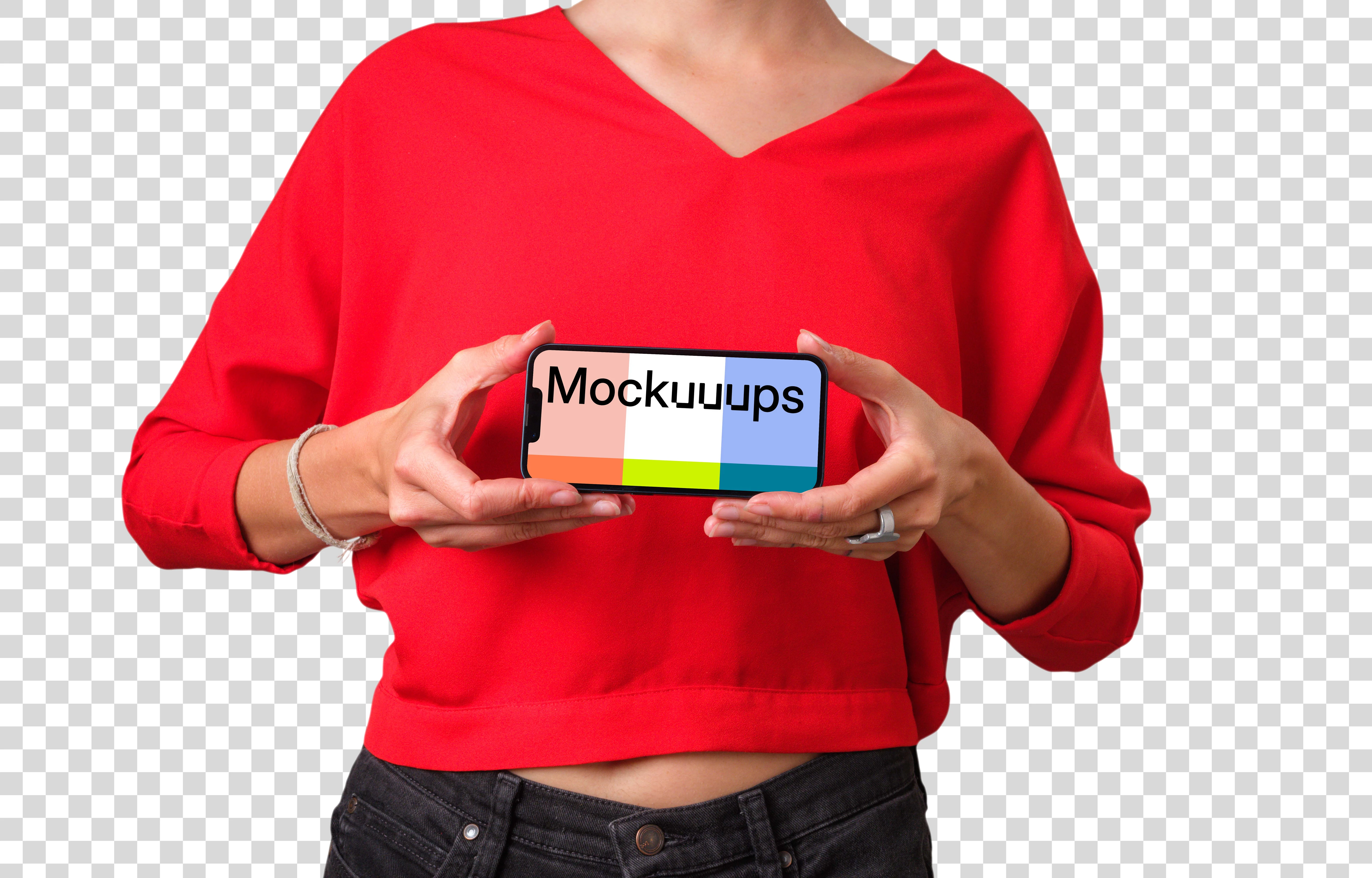 Mockup of a landscape iPhone held by woman in red shirt