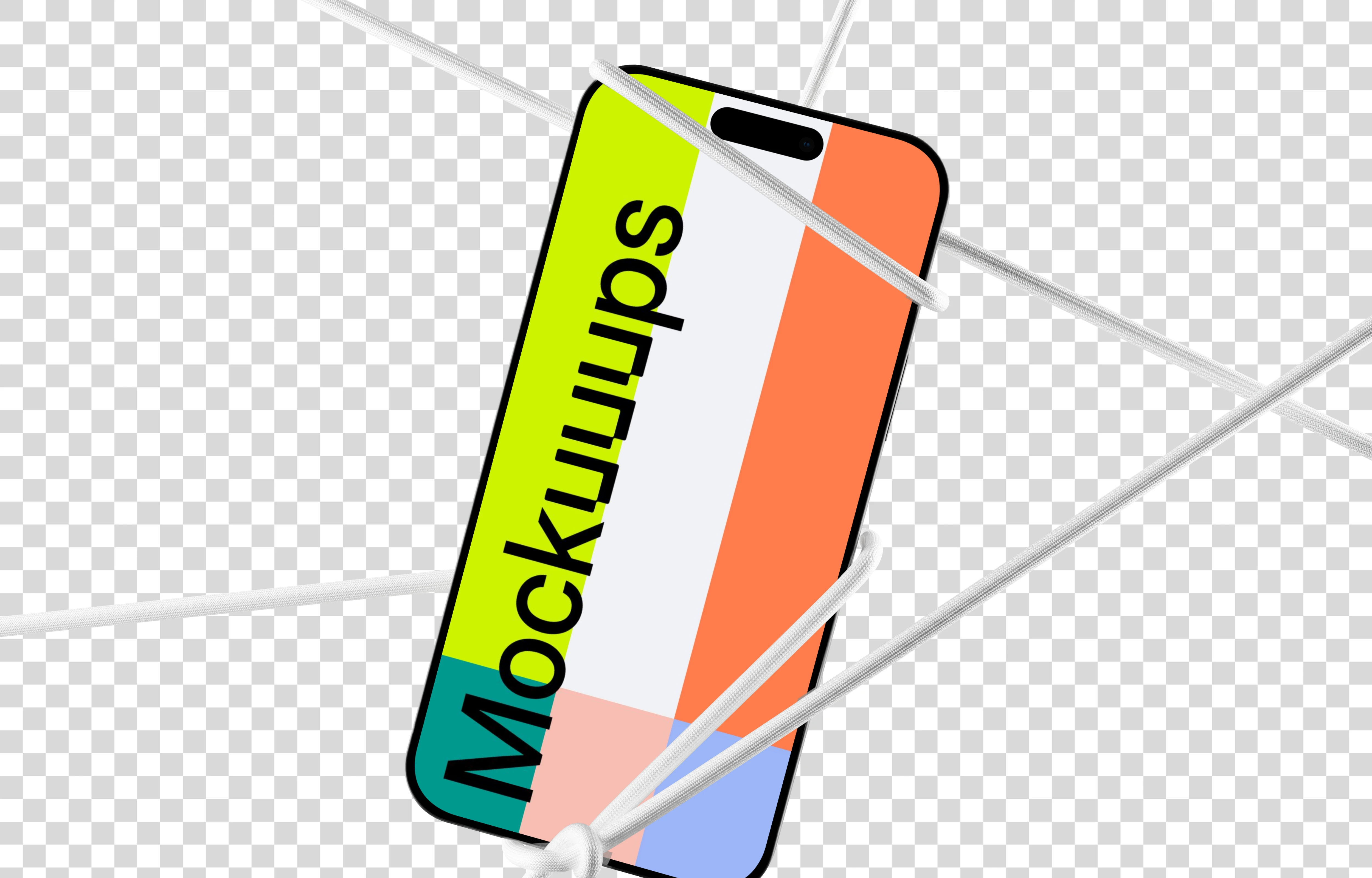 iPhone 16 mockup held by ropes